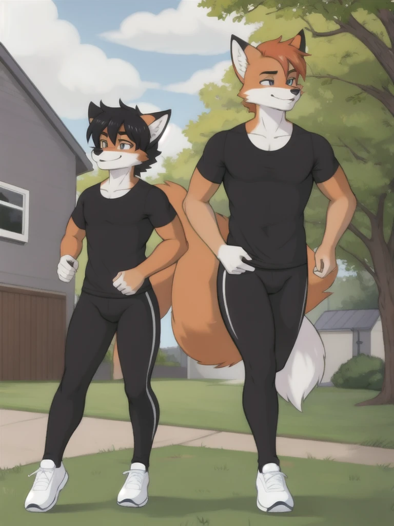 Furry, fox, male, twins, black leggings, white shirt, jogging outside the house,