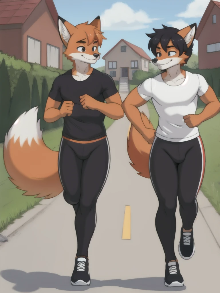 Furry, fox, male, twins, black leggings, white shirt, jogging outside the house,
