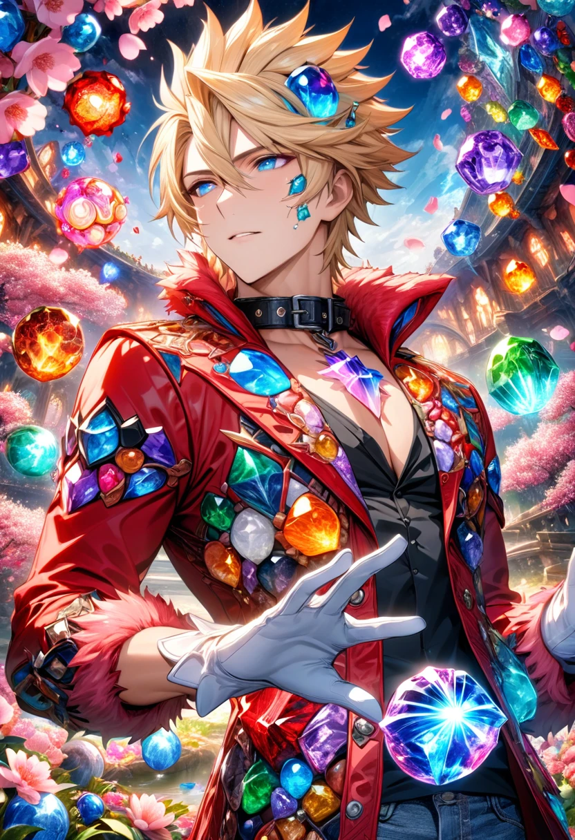 Ultra detailed, highres, absurdres, HDR, master piece, Spectra Phantom, blond middle spiked hair, expressive blue eyes, Bakugan New Vestroia, red jacket with a collar fur, white gloves, black shirt with patterns, fantasy, petals, blossoms, pink flowers, water, sexy man, handsome, magic, best quality, extremely detailed face and eyes, solo