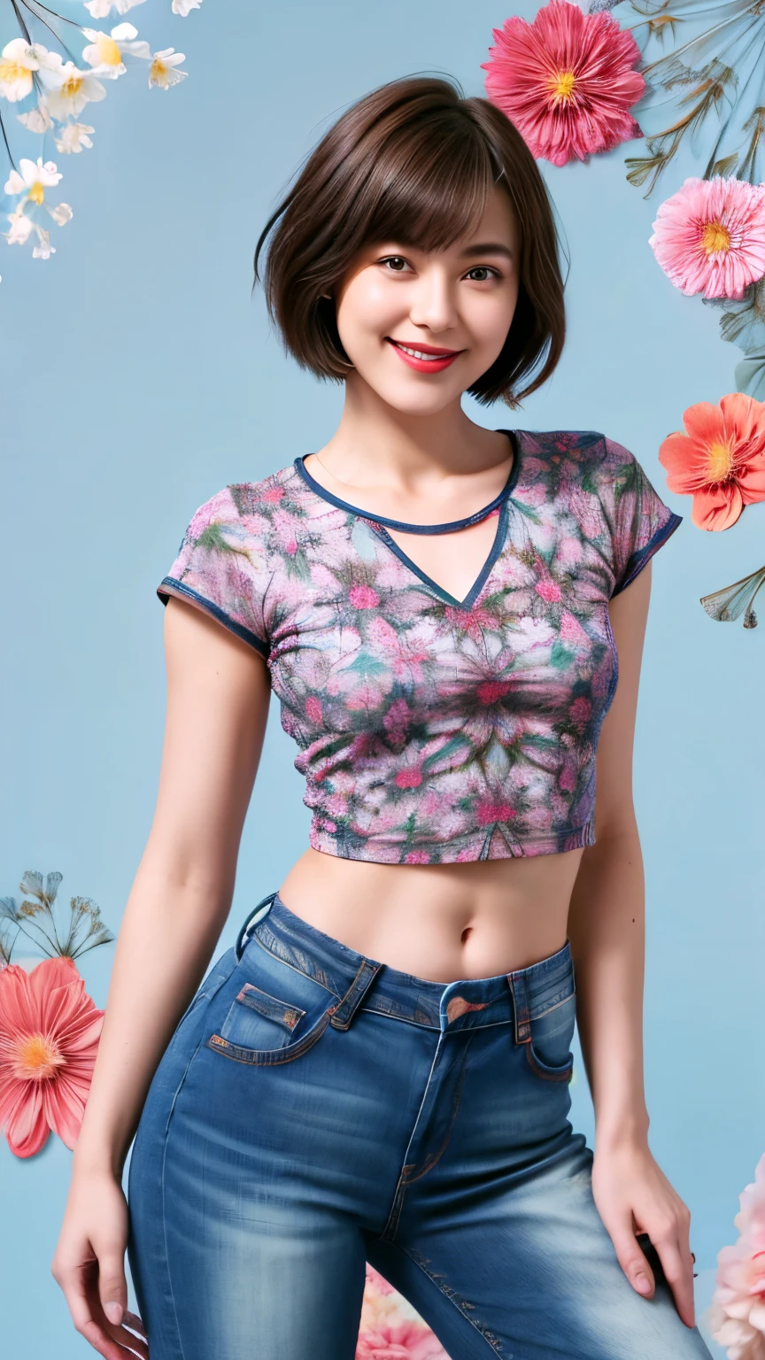 238 18-year-old female, short hair, (Jeans andＴ-shirt), A kind smile, lipstick, Abdominal muscles, (Floral Background、Fractal Patterns)