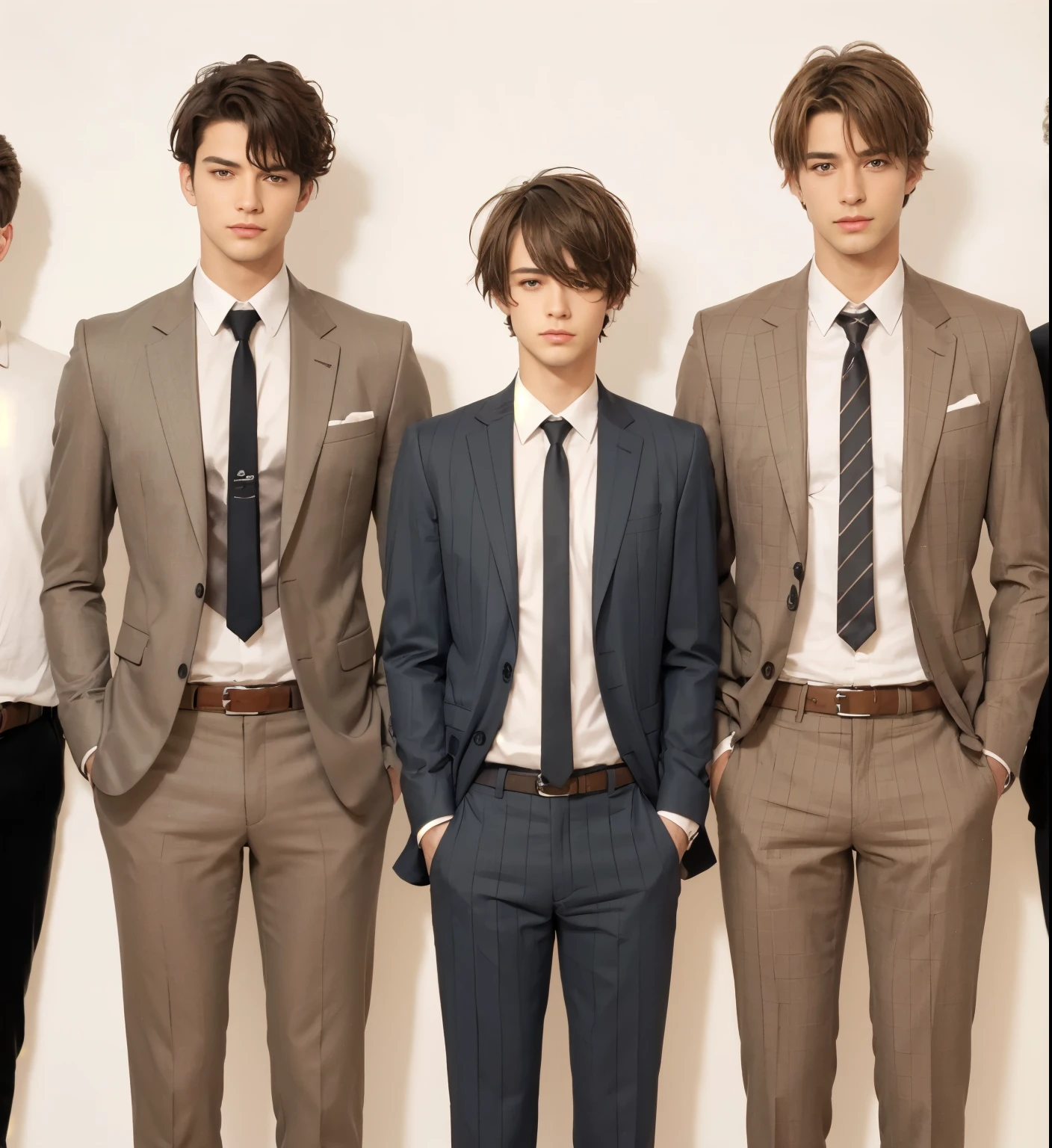 three handsome guy ,standing, full body Ultra-realistic detailed rendering, wearing a gray orange mine clothing , with his whole body visible, straight short hair,standing beside the tree, and with a tree behind him, and with a little light