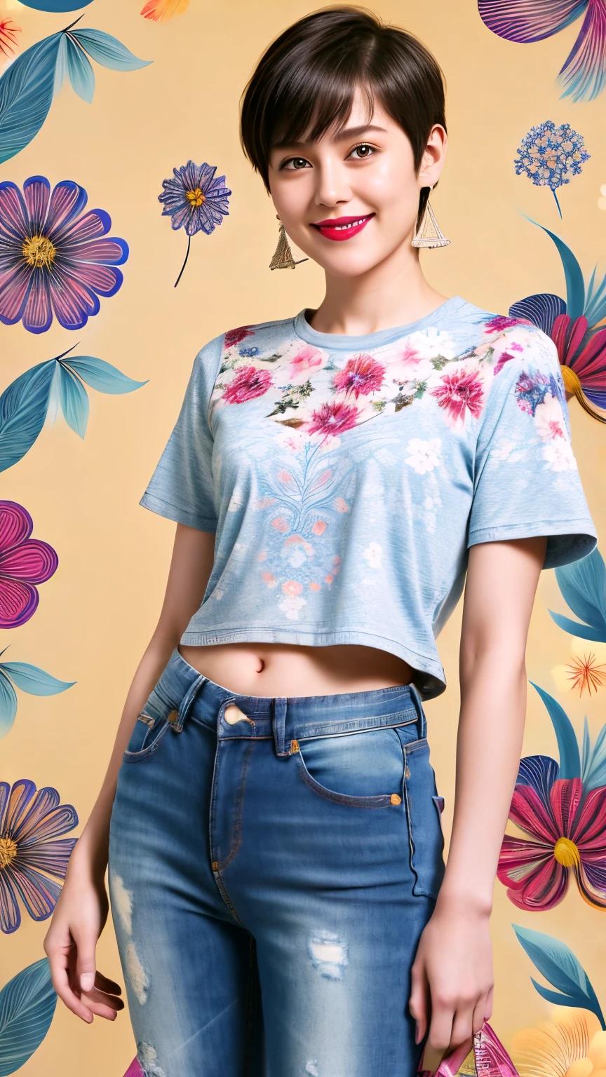 238 18-year-old female, short hair, (Jeans andＴ-shirt), A kind smile, lipstick, Abdominal muscles, (Floral Background、Fractal Patterns)