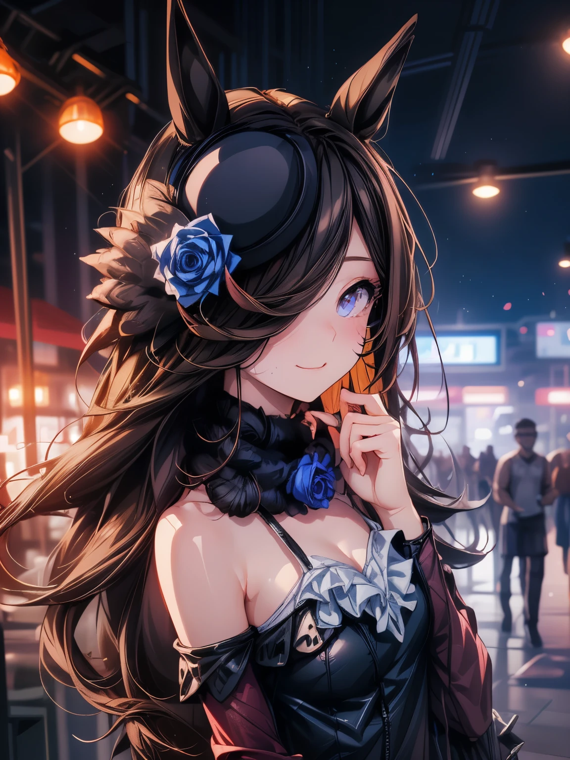Cowboy Shot, (Tabletop.highest quality).(Dynamic Angle). (Amazingly detailed CG paintings),(Perfect Image)、Comic Strip.shape.One Girl.Detailed face、Perfect Face.Delicate face、Textured skin、Black Hair.length、(Horse-eared girl)Horse-eared girl、((Beautiful Blue Eyes)).Delicate and beautiful eyes、The eyes are fine、Reflective eyes、Watery eye、smile.(Gazing at the audience:1.3).(My face got a little red:0.8)、8k wallpaper、Cowboy Shot、reflected light、Highest detail、Complex、Delicate background、Textured skin、Detailed skin、((Swimwear, 紫色のレースの付いたSwimwear)), Background bokeh