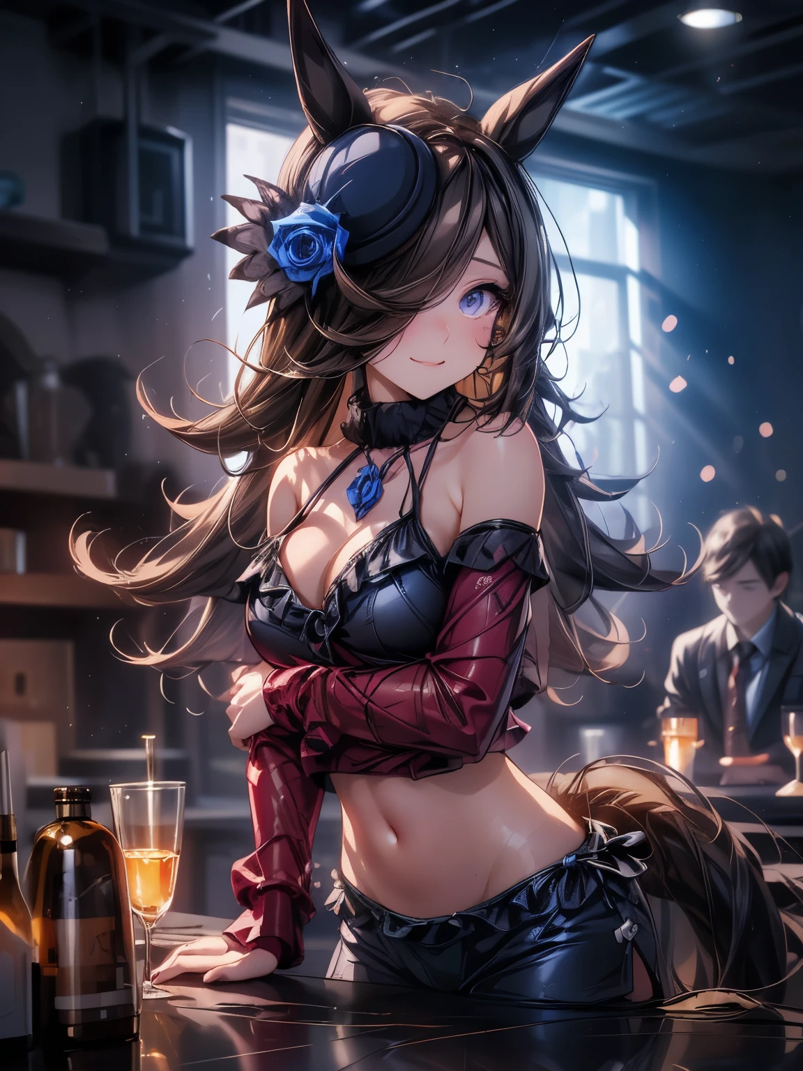 Cowboy Shot, (Tabletop.highest quality).(Dynamic Angle). (Amazingly detailed CG paintings),(Perfect Image)、Comic Strip.shape.One Girl.Detailed face、Perfect Face.Delicate face、Textured skin、Black Hair.length、(Horse-eared girl)Horse-eared girl、((Beautiful Blue Eyes)).Delicate and beautiful eyes、The eyes are fine、Reflective eyes、Watery eye、smile.(Gazing at the audience:1.3).(My face got a little red:0.8)、8k wallpaper、Cowboy Shot、reflected light、Highest detail、Complex、Delicate background、Textured skin、Detailed skin、((Swimwear, 紫色のレースの付いたSwimwear)), Background bokeh