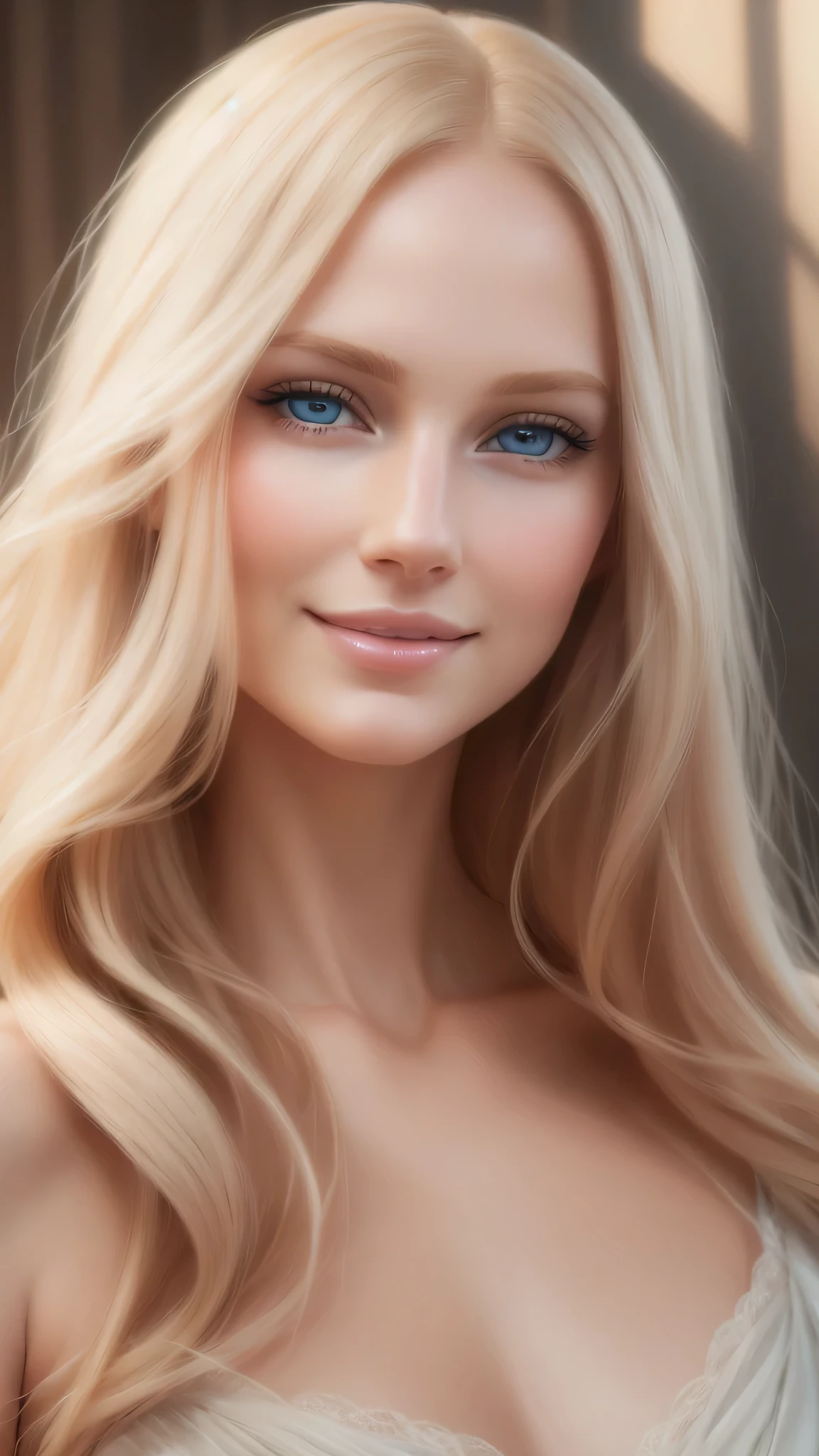 Soft portrait of a beautiful blonde woman, flowing golden hair, captivating blue eyes, delicate features, radiant smile, natural makeup, elegant attire, gentle expression, subtle blush, warm skin tones, ethereal lighting, soft shadows, high-resolution digital painting, realistic style, artistic interpretation, by a skilled portrait artist, ArtStation showcase.