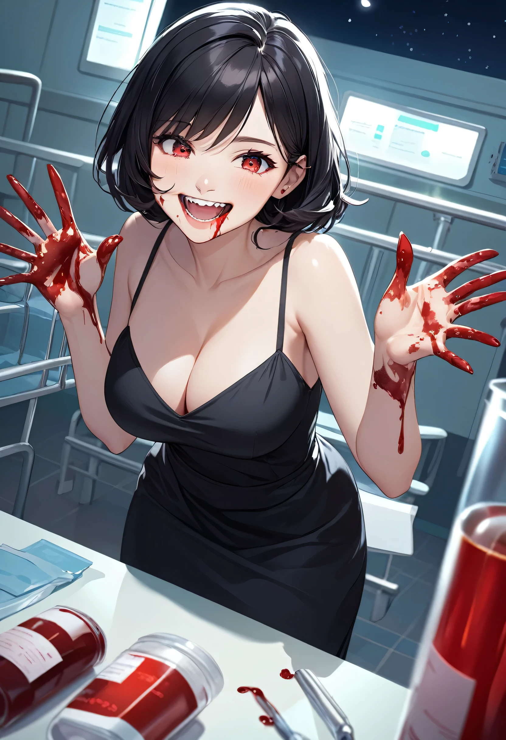 detailed illustration, dynamic angle, ultra-detailed, illustration, 1girl, 18 year old, dark, night, hospital, blood bank, nighttime, vampire, little black slip dress, cleavage, red eyes, detailed eyes, long black hair, blood on mouth, from the side, delighted, happy, smiling, satisfied, joy, well endowed, larger bust, blood on hands, a little drunk, excited