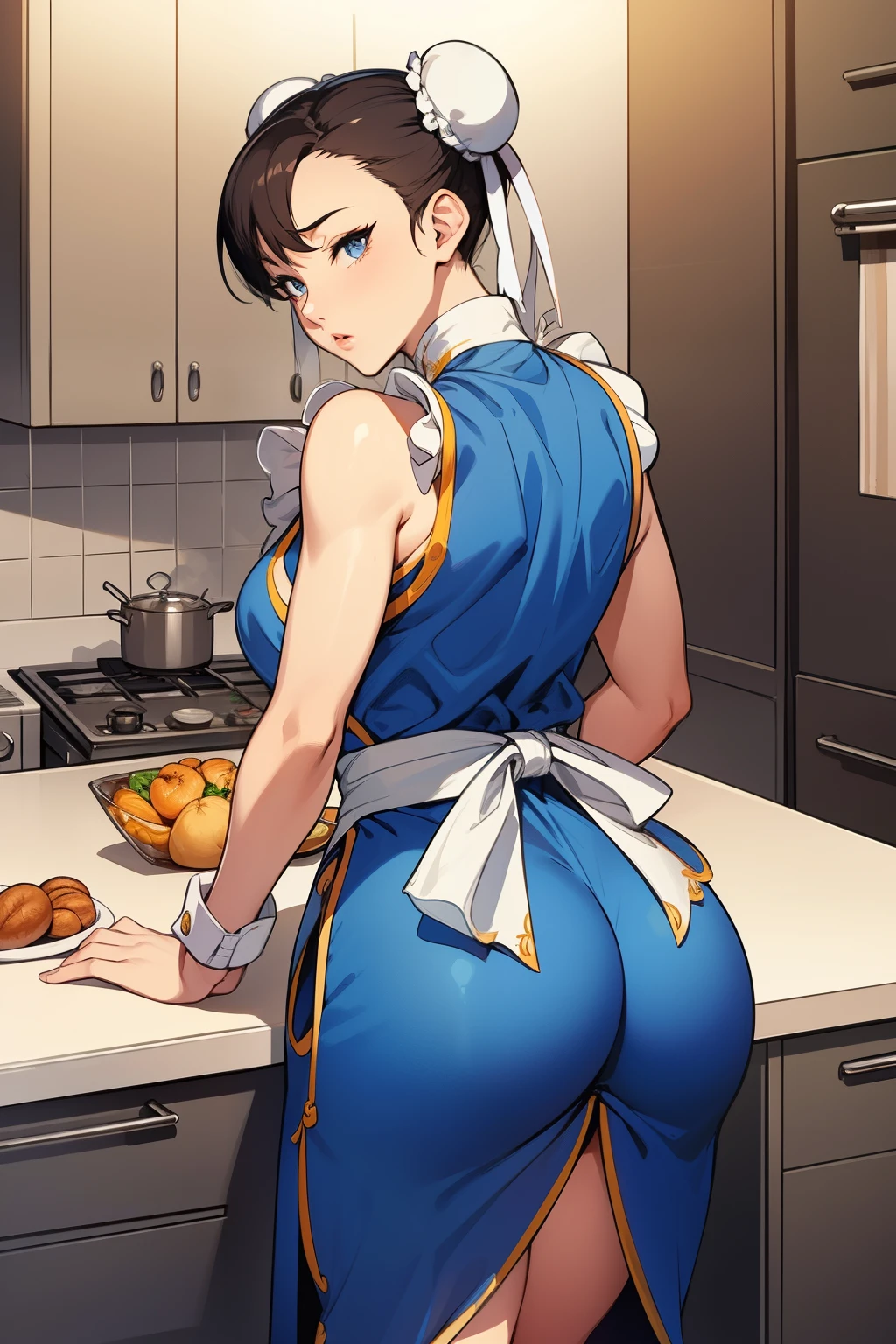 ((Chun li)), ((Blue eyes)), ((Big ass)), ((best quality)), ((masterpiece)), (detailed), perfect face, In the kitchen wearing an apron, half naked with my ass hanging out