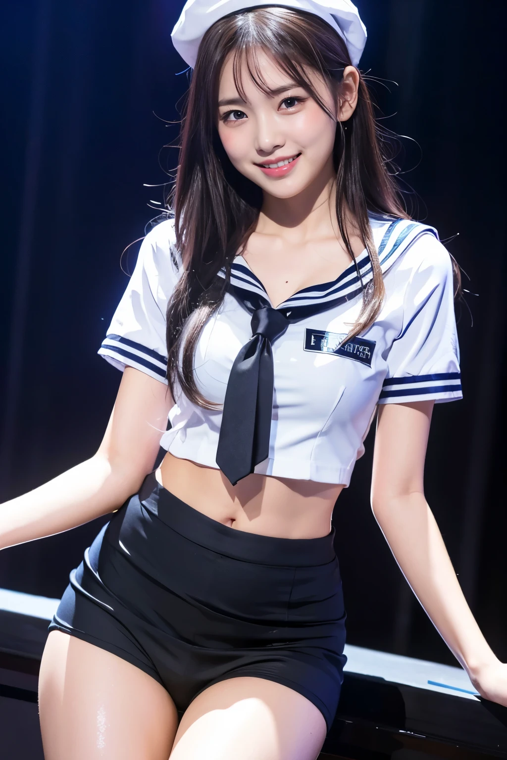 (8k), (highest quality: 1.2), (Realistic), (Realistic: 1.37), Ultra-high resolution, 1 girl, cute, (Embarrassed smile:1.2), (Blushing:1.4),Mouth closed, Beautiful details, Beautiful Nose, shiny black beautiful hair,, Thighs,Navel exposed,sailor suit, dark gray collar, white shirts, short sleeve, school, dark color skirt, Pleated skirt,Dancing on the school stage,(Shiny Thighs:1.3), shiny legs,Medium Shot