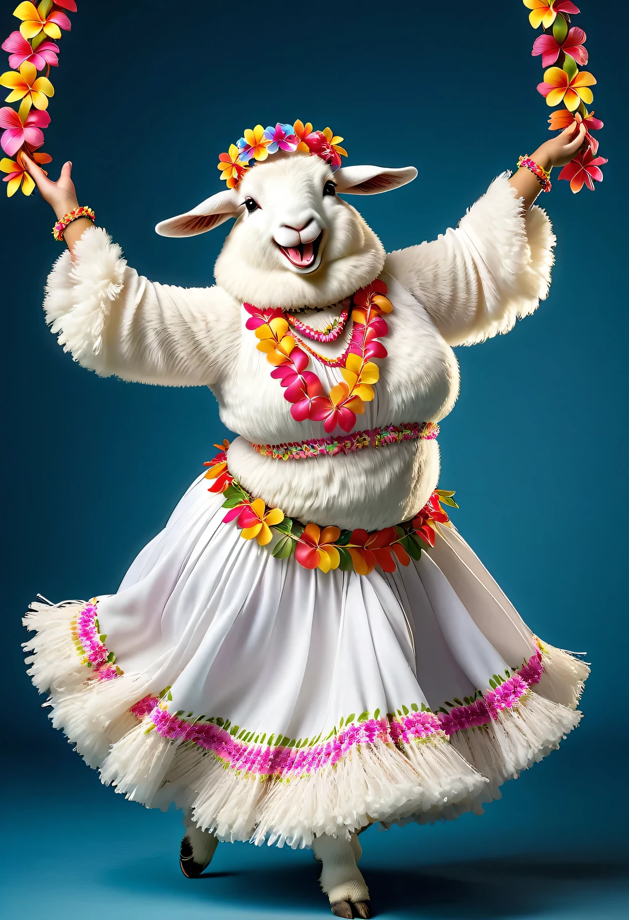 photorealistic portrait of Dressed animals - a ((fat)) angora goat hula dancer,(hula dancing:2.0), (swinging arms :2.0),(happy smile:1.2),high quality,(happy),(lovely) ,intricate details, (furry), highly detailed ((female hula dance costume)) ,highly detailed decorations, wearing (bikini) aloha shirts and flower lei , (happy), studio lighting,(full body image:1.5),simple background,(viewed from side:2.0),(perfect hands)