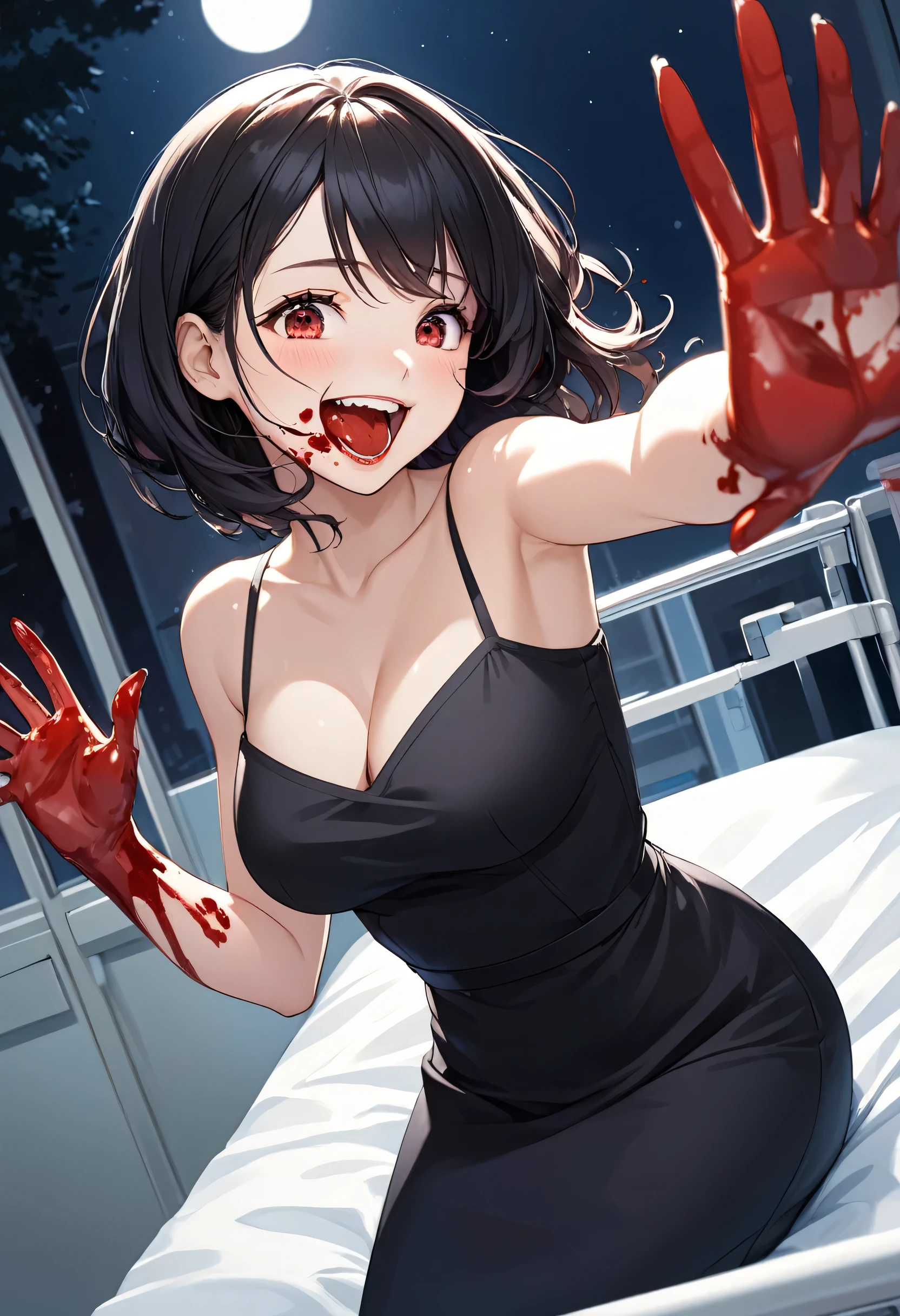 detailed illustration, dynamic angle, ultra-detailed, illustration, 1girl, 18 year old, dark, night, hospital, blood bank, nighttime, vampire, little black slip dress, cleavage, red eyes, detailed eyes, long black hair, blood on mouth, from the side, delighted, happy, smiling, satisfied, joy, well endowed, larger bust, blood on hands, a little drunk, excited