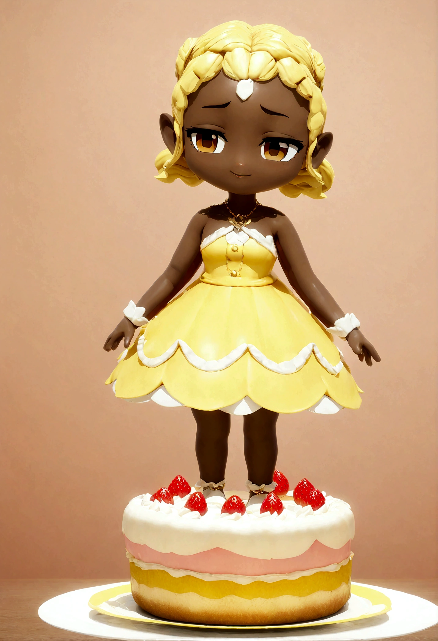 Anime style, Chibi style lemon meringue with strawberry cream cake, Mocha skin color, lemon character, Dwarf background magic, whole body, 3D graphics
