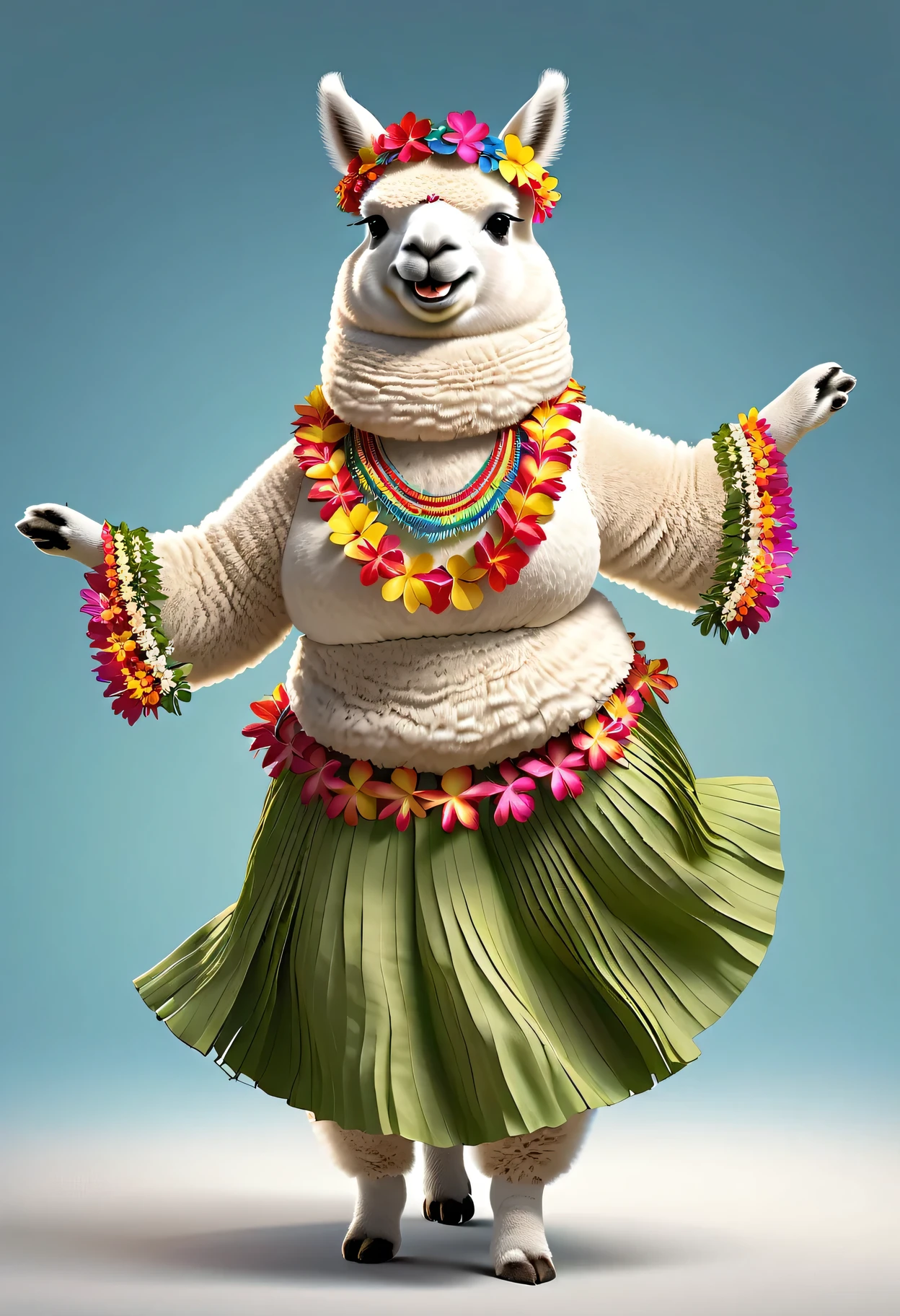 photorealistic portrait of Dressed animals - a ((fat)) alpaca hula dancer,(hula dancing:2.0), (swinging arms :2.0),(happy smile:1.2),high quality,(happy),(lovely) ,intricate details, (furry), highly detailed ((female hula dance costume)) ,highly detailed decorations, wearing (bikini) aloha shirts and flower lei , (happy), studio lighting,(full body image:1.5),simple background,(viewed from side:2.0),(perfect hands)