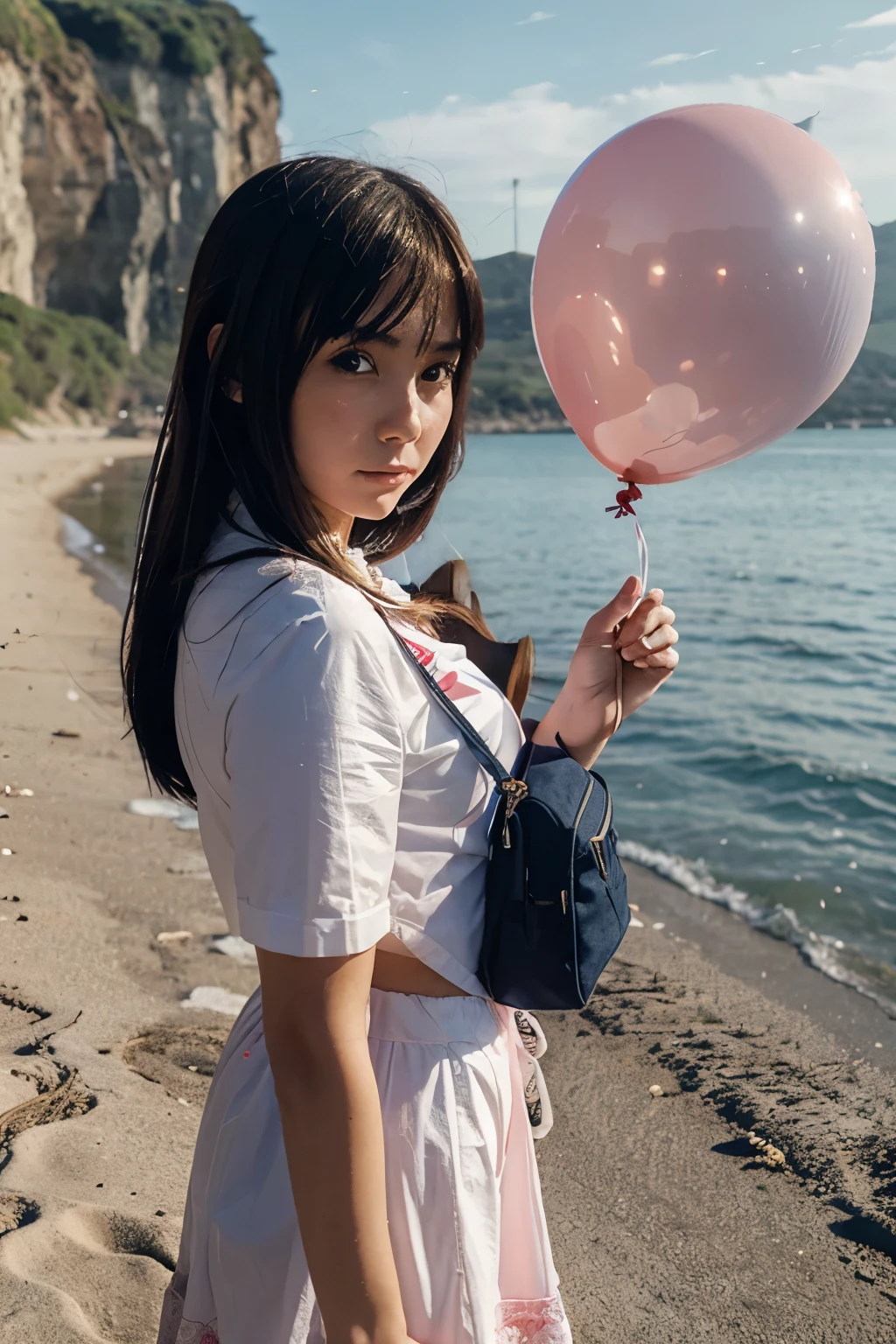 anime style. Girl with balloons on the shore of the bay.