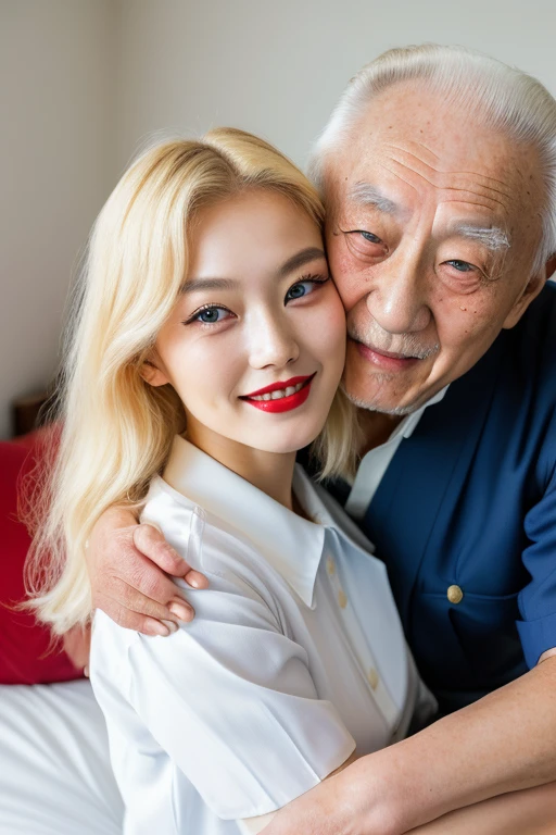 top-quality, masterpiece, (((80 years old korean man and 20 years old European girl couples))), (((gorgeous and hot European girl, bightly smile , sexy girl with blue eyes, blonde hair and large eyes, looking directly at the camera, red lips, sitting on bed, medium to large size bust))), (old korean man white shirt), in the bedroom, correct hands, young European girl hugging old korean man, (((80 years old korean man hugging young European girl))),