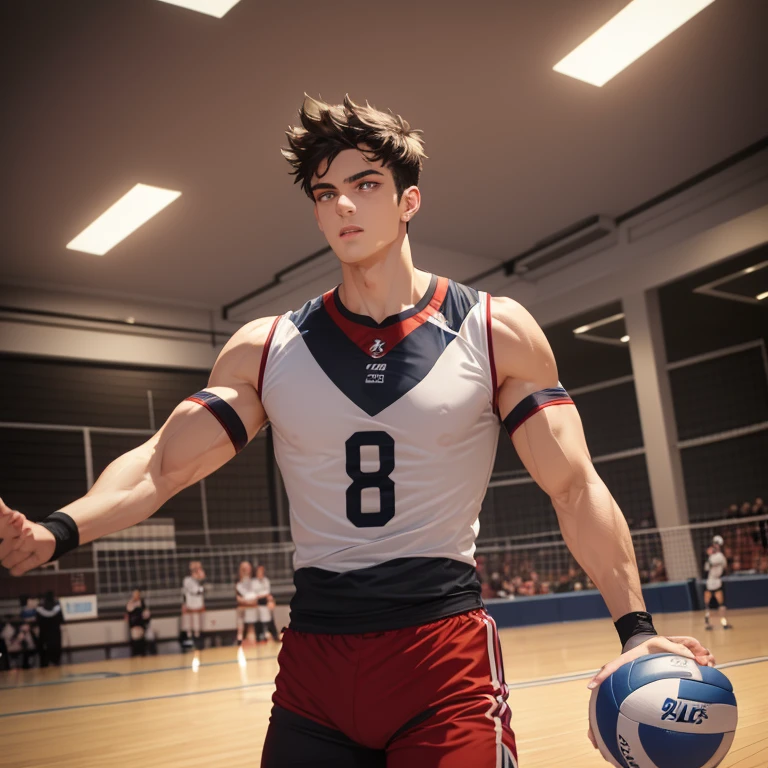 a professional male volleyball player indoors, dark hair, beautiful detailed eyes, beautiful detailed lips, extremely detailed eyes and face, long eyelashes, muscular build, athletic, dynamic pose, intense expression, volleyball net, indoor court, spotlights, dramatic lighting, cinematic, photorealistic, 8k, high quality, masterpiece