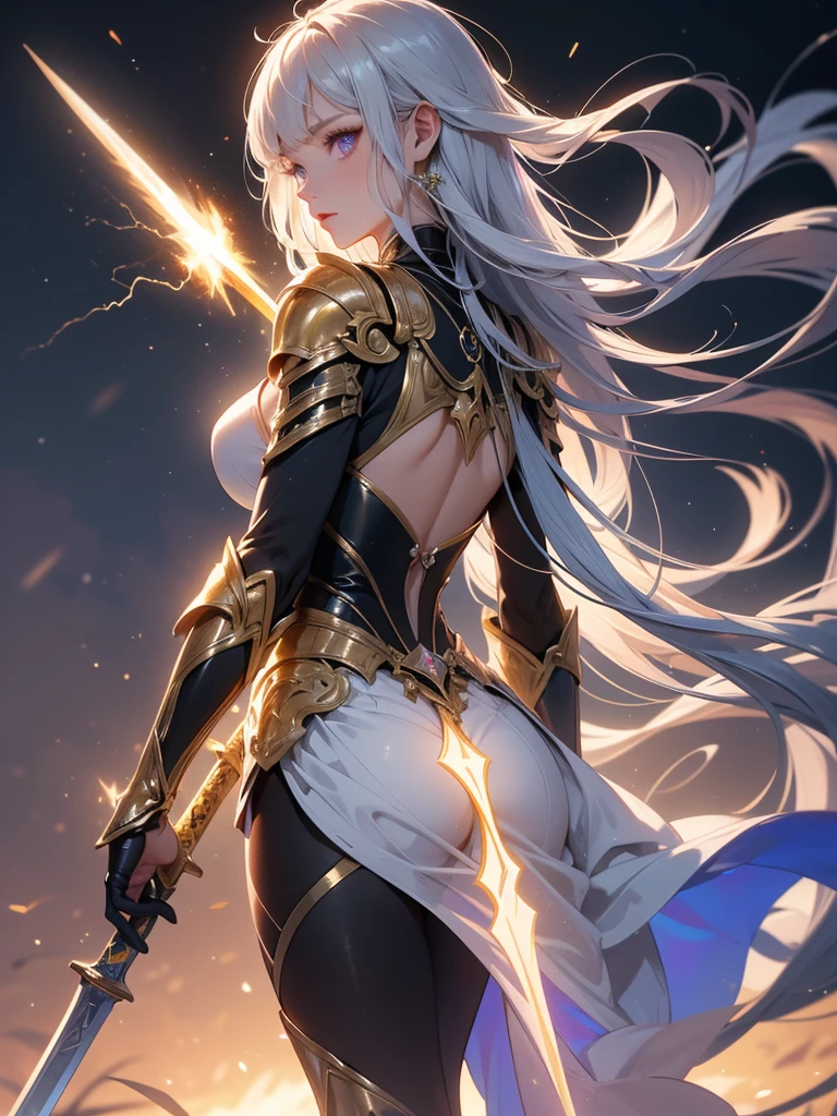 A striking female warrior stands tall, her full body encased in intricate, gleaming armor that combines elegance and strength. Her long, flowing white hair cascades down her back, contrasting beautifully with her intense, piercing purple eyes that seem to glow with an inner power. In her hand, she wields a majestic lightning sword, crackling with electric energy, illuminating the scene with a mystical light. The setting sun casts a golden hue, enhancing the metallic sheen of her armor and the ethereal glow of her sword, creating a breathtaking and formidable presence