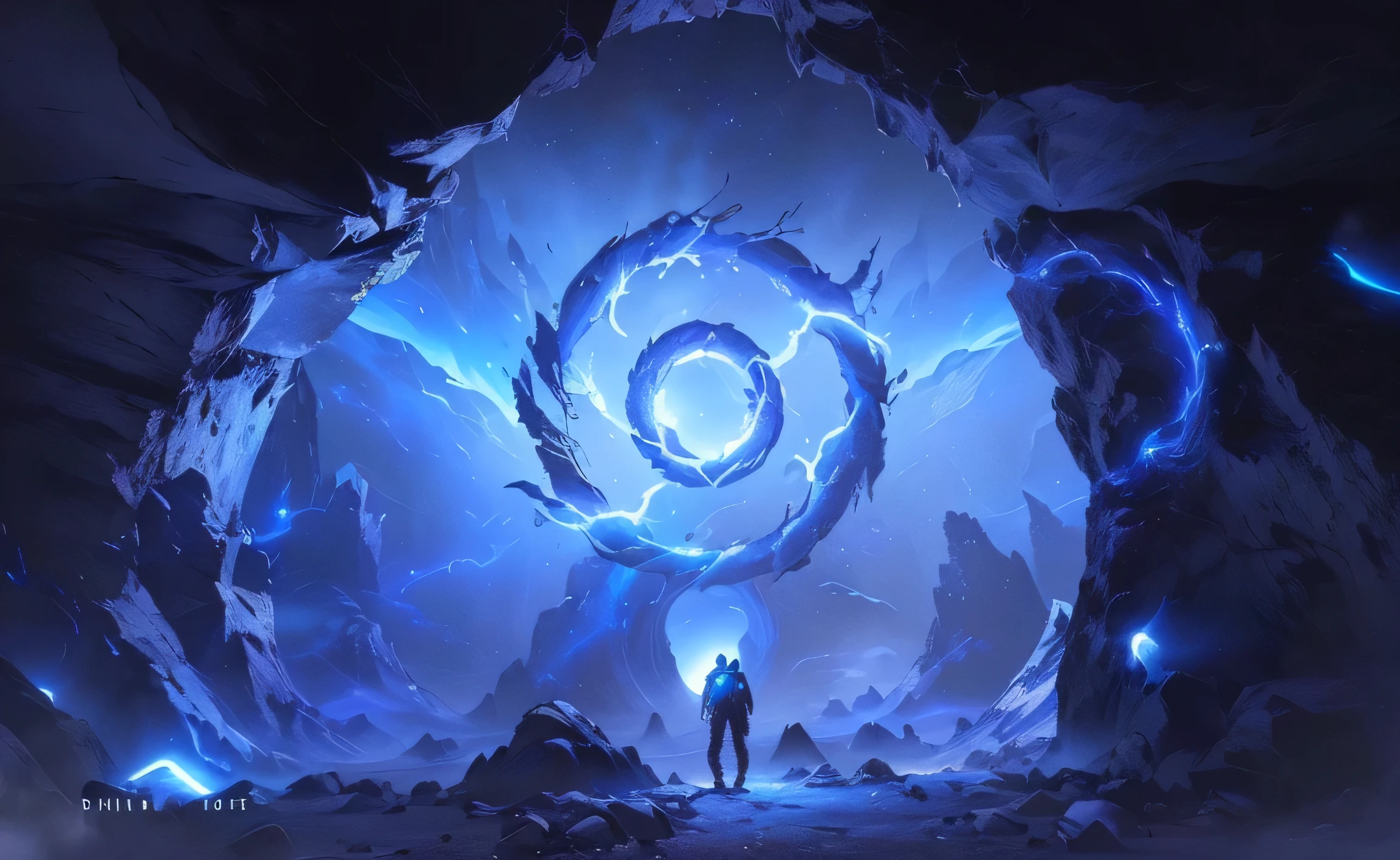There was a man standing in a cave，There is a huge blue object next to me, The soul coming out of the portal, Whirlpool portal exiles elders, Portal into another dimension, open door, Unreal Engine, Unreal Engine5 digital art, Unreal Engine fantasy art, anthem game inspiration, Research the Hell Rift Portal, Valve Promotional Spray Painting, Unlimited number of portals