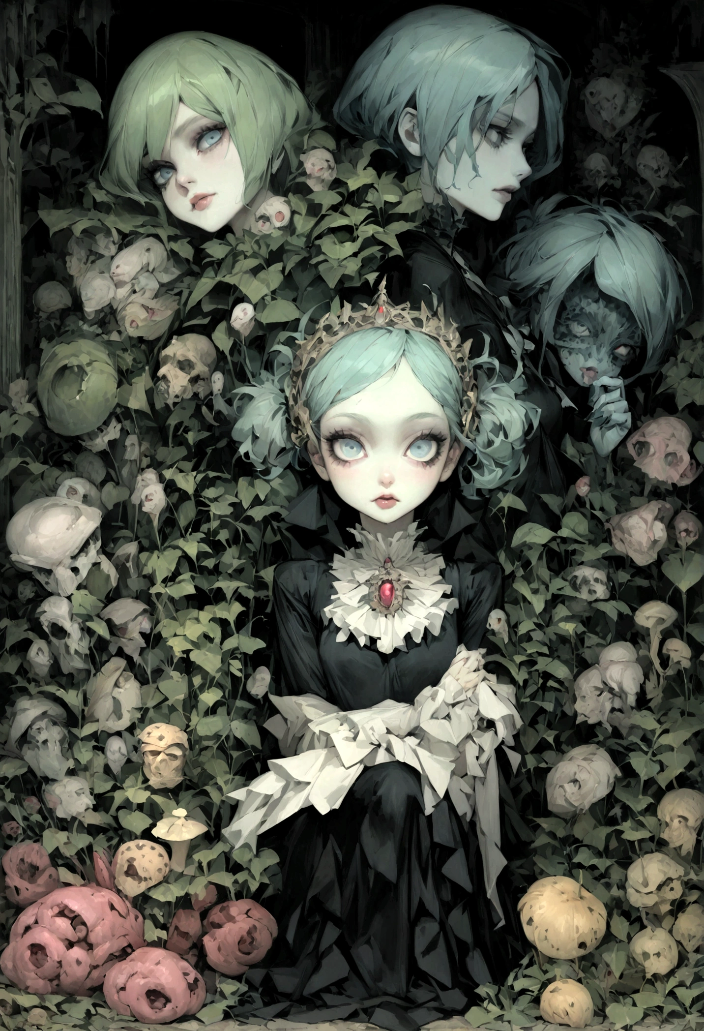 Une fille à l'expression terrifiée, surrounded by carnivorous plants. The scene takes place in a dark and sullen atmosphere, reminiscent of Tim Burton's gothic aesthetic. The girl's eyes are wide, Montrer sa peur, while his lips tremble. Les plantes carnivores sont menaçantes et élaborées, avec des détails complexes sur leurs feuilles et des structures pointues ressemblant à des dents. La qualité d’image globale est de la meilleure résolution et réaliste, with ultra-detailed rendering. The color palette is dominated by, Tons sombres, Enhance the strange atmosphere. The lighting is spectacular, projeter de longues ombres et créer un sentiment de mystère. Dans le style d'Esao Andrews, Jenny Saville, Edward Hopper, surrealism, Dark Art par James Jean, Takato Yamamoto, Minimalisme inkpunk