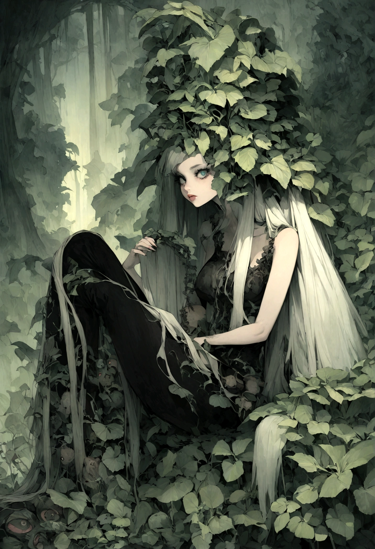 Une fille à l'expression terrifiée, surrounded by carnivorous plants. The scene takes place in a dark and sullen atmosphere, reminiscent of Tim Burton's gothic aesthetic. The girl's eyes are wide, Montrer sa peur, while his lips tremble. Les plantes carnivores sont menaçantes et élaborées, avec des détails complexes sur leurs feuilles et des structures pointues ressemblant à des dents. La qualité d’image globale est de la meilleure résolution et réaliste, with ultra-detailed rendering. The color palette is dominated by, Tons sombres, Enhance the strange atmosphere. The lighting is spectacular, projeter de longues ombres et créer un sentiment de mystère. Dans le style d'Esao Andrews, Jenny Saville, Edward Hopper, surrealism, Dark Art par James Jean, Takato Yamamoto, Minimalisme inkpunk