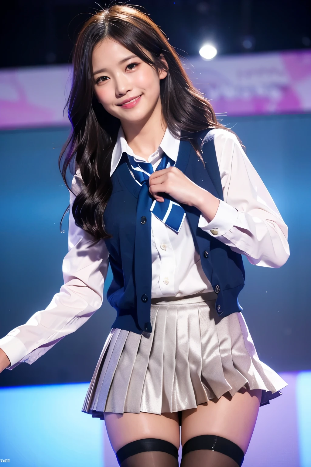 (8k), (highest quality: 1.2), (Realistic), (Realistic: 1.37), Ultra-high resolution, 1 girl, cute, (Embarrassed smile:1.2), (Blushing:1.4),Mouth closed, Beautiful details, Beautiful Nose, shiny black beautiful hair,Thighs, highschool ,cardigan,white shirts, school, layer,(Pleated skirt:1.2),Dancing on the school stage,(Shiny Thighs:1.3), shiny legs,Medium Shot