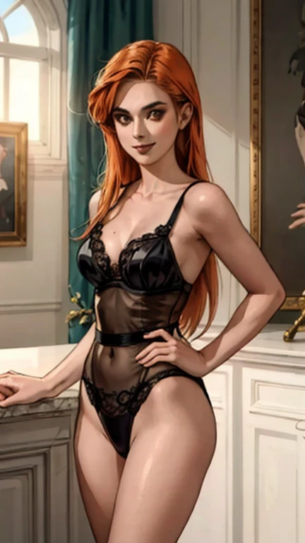 A beautiful woman with long flowing orange hair, exquisite facial features, A playful smile, Olhos confiantes, uma figura alta, uma lingerie extremamente sensual, amarelo como cor principal, complementado por detalhes em vermelho, topless, seios grandes, uma corrente dourado na cintura, corpo magro e tonificado, sexy, gostosa, standing with hands on hips in front of a medieval-style fantasy port tavern, este personagem incorpora uma prostituta feminina de estilo fantasia finamente trabalhada no estilo anime, exquisite and mature manga art style, High definition, melhor qualidade, high resolution, ultra-detalhado, Pintura ultrafina, extremamente delicado, Profissional, Anatomicamente correto, Symmetrical face, olhos e rosto extremamente detalhados, olhos de alta qualidade, criatividade, Foto CRU, UHD, 8K, Luz natural, cinematic lighting, Obra de arte-anatomy-perfect, Obra de arte:1.5