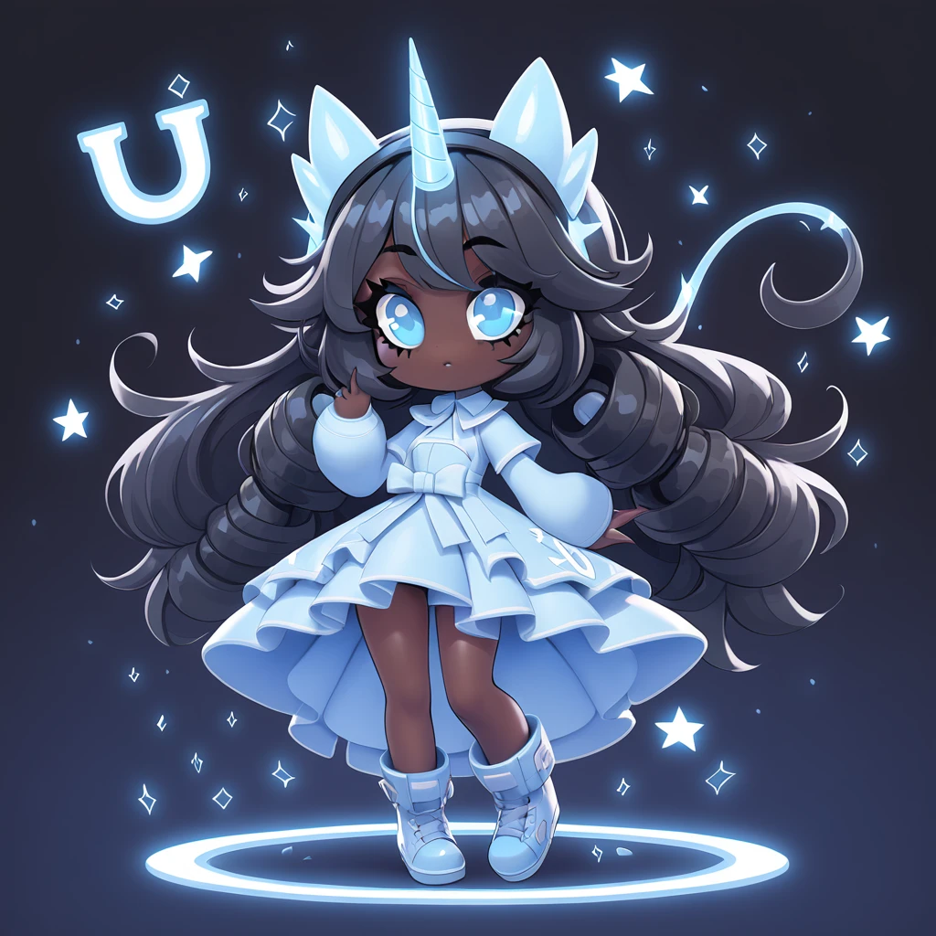 Gazer monster girl with ebony skin and black bangs hair style with blue eyes and dressed in Anti-fashion outfit style with a sparkling Unicorn horn with the letter U swirling around them with a mysterious background