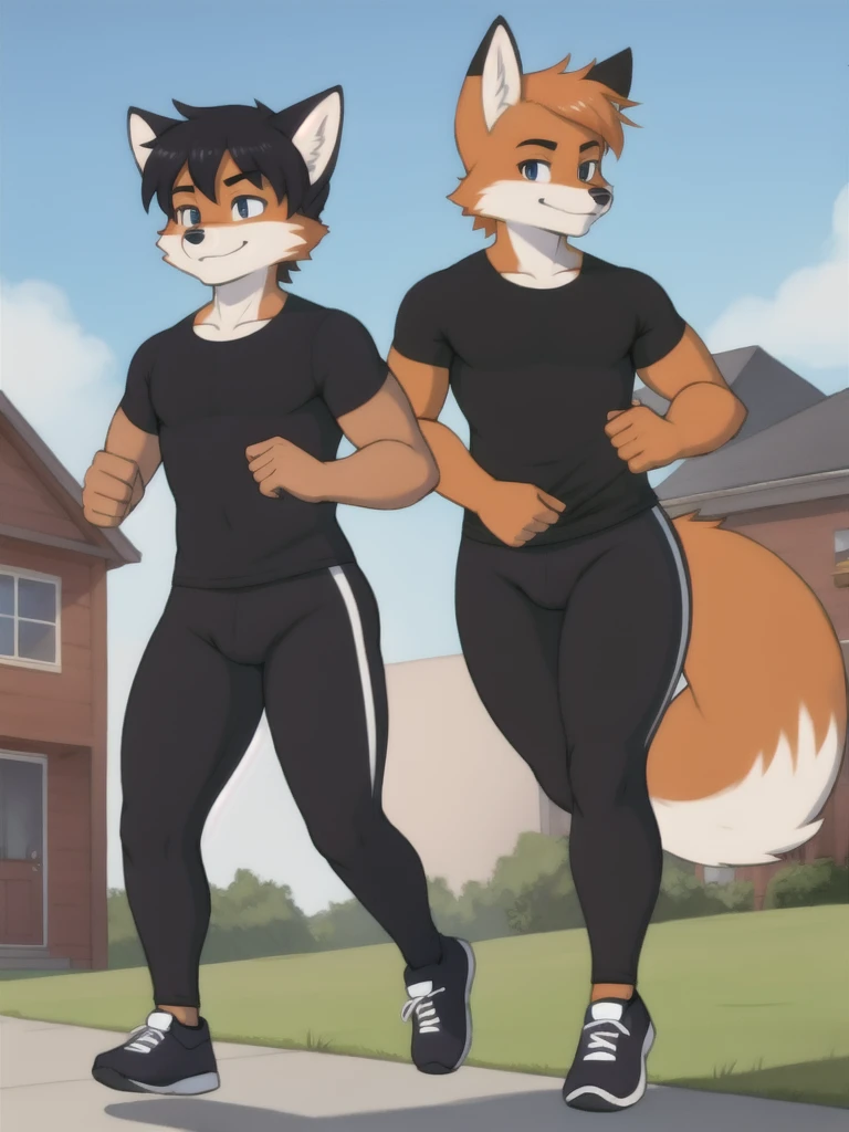 Furry, fox, male, twins, black leggings, white shirt, jogging outside the house, teen