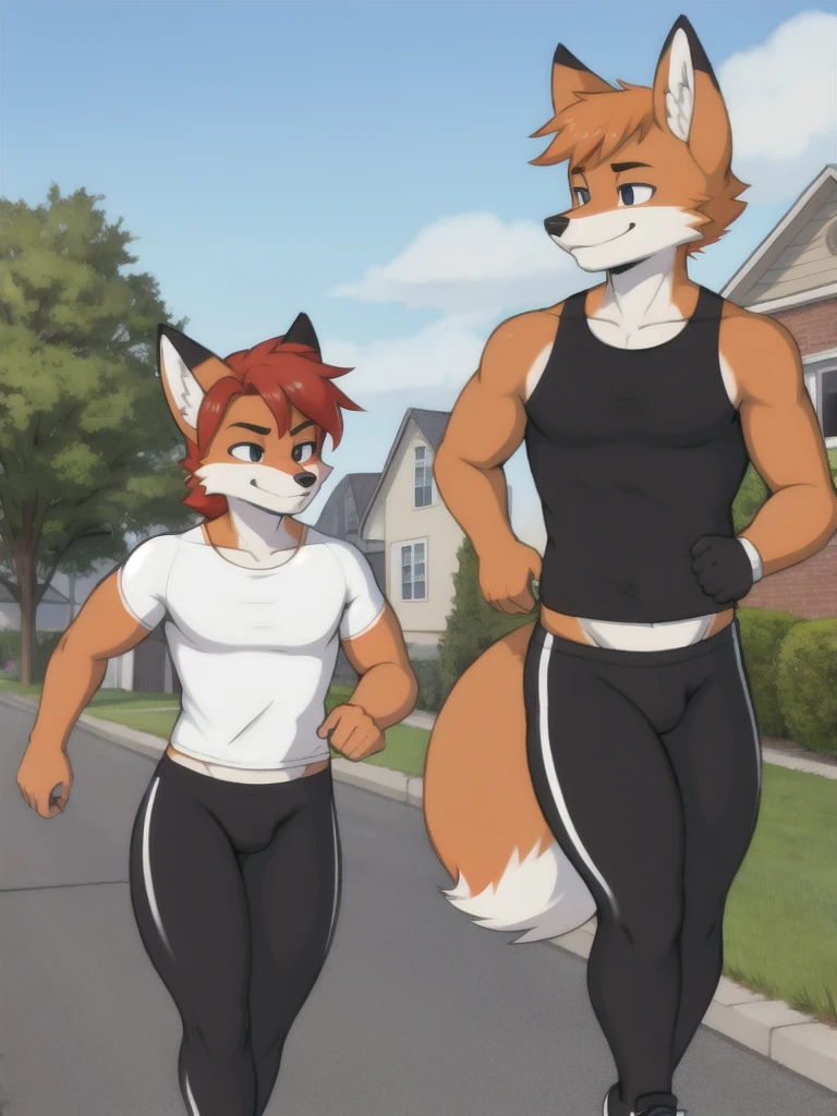 Furry, fox, male, twins, black leggings, white shirt, jogging outside the house, teen