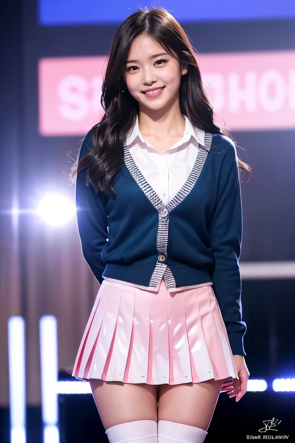 (8k), (highest quality: 1.2), (Realistic), (Realistic: 1.37), Ultra-high resolution, 1 girl, cute, (Embarrassed smile:1.2), (Blushing:1.4),Mouth closed, Beautiful details, Beautiful Nose, shiny black beautiful hair,Thighs, highschool ,pink cardigan,white shirts, school, layered,(Pleated skirt:1.2),Dancing on the school stage,(Shiny Thighs:1.3), shiny legs,Medium Shot