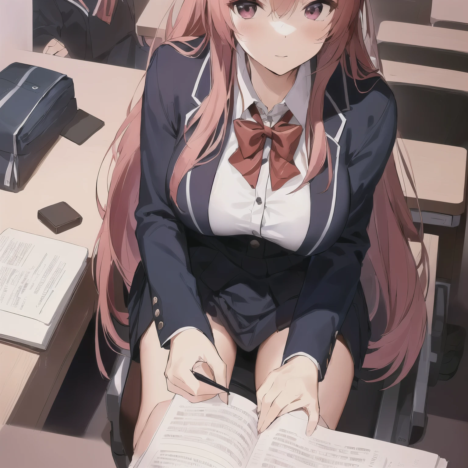 anime girl sitting at a desk with a book and pen, seductive anime girl, at pixiv, sat at her desk, smooth anime cg art, a hyperrealistic , anime moe artstyle, beautiful anime high school girl, realistic , attractive anime girl, (sfw) safe for work, sat at a desk, trying to study, studying