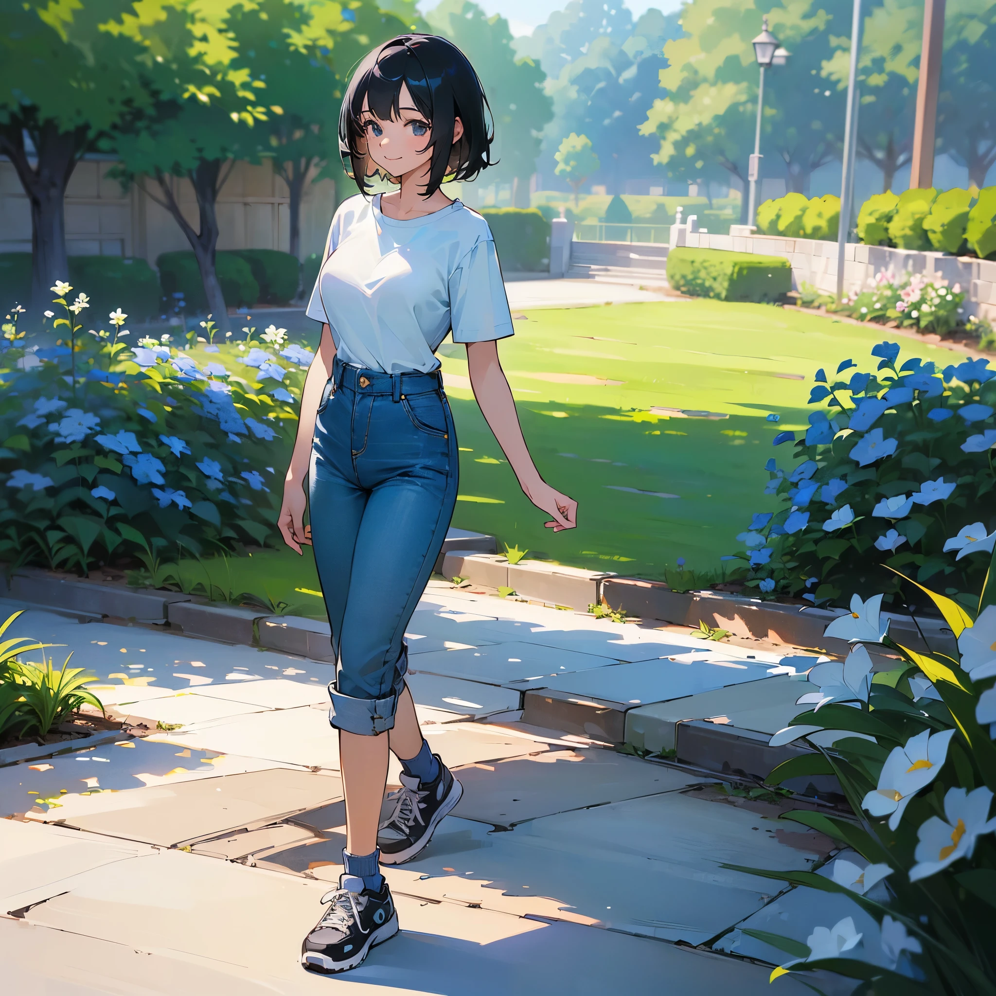(high quality, High resolution, Very detailed, reality:1.37), Peaceful atmosphere, (Outdoor, garden), Teenage girl standing alone, (my breasts are big.), Beautiful details, Cute Smile, (Black bob hair), Short sleeve shirt, Denim pants, Blue socks, sneakers.
