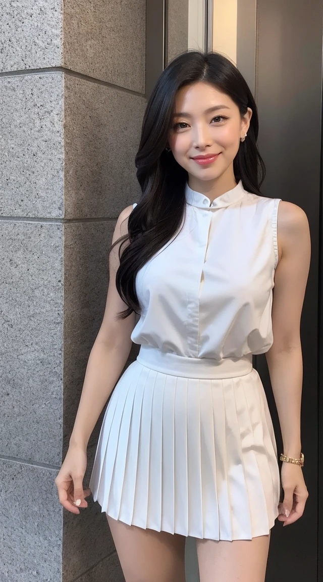 become close,Sharp lines,highest quality, masterpiece、top of the hill、Sunset、Canon Photo Crystal Clear ,(Realistically:1.2), (Sleeveless business blouse、Pleated skirt、High heels)、Action pose、Take a full body photo、smile、Gorgeous appearance、Semi-long hair