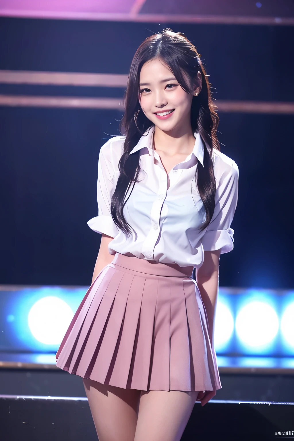 (8k), (highest quality: 1.2), (Realistic), (Realistic: 1.37), Ultra-high resolution, 1 girl, cute, (Embarrassed smile:1.2), (Blushing:1.4),Mouth closed, Beautiful details, Beautiful Nose, shiny black beautiful straight hair,Thick Thighs, highschool ,pink cardigan,white shirts, school, layered,(Pleated skirt:1.2),Dancing on the school stage,(Shiny Thighs:1.3), shiny legs, knees,Medium Shot