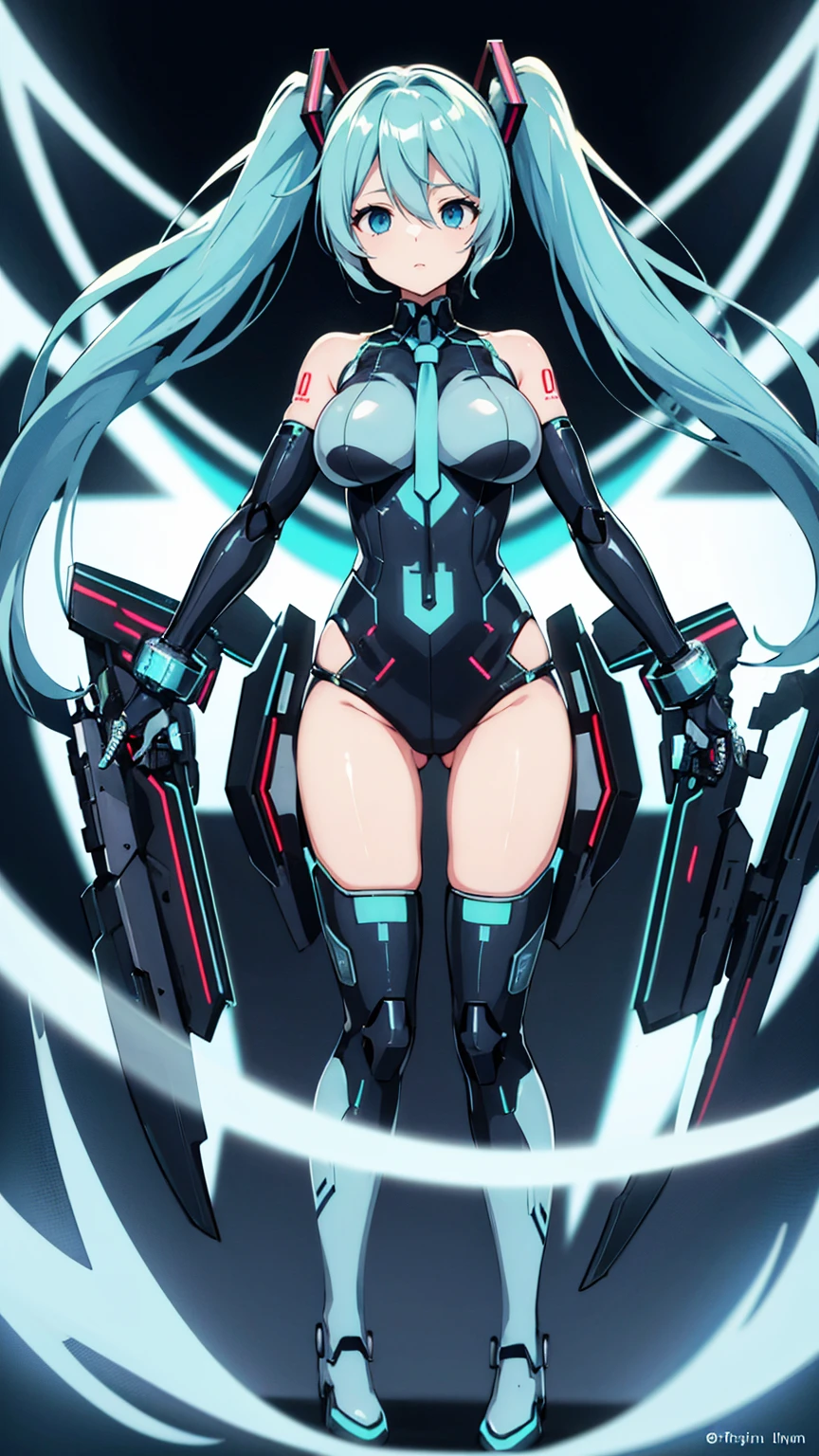 Hatsune Miku Vocaloid, Twin Tails, Light Blue Eyes, Light Blue Hair, black body suit, (mecha girl), Cyber punk, Ultimate Physical Beauty, Beautiful Eyes, big breasts, embarrassed look , Bigchest, 8K CG, Top Quality, Best Image Quality,
