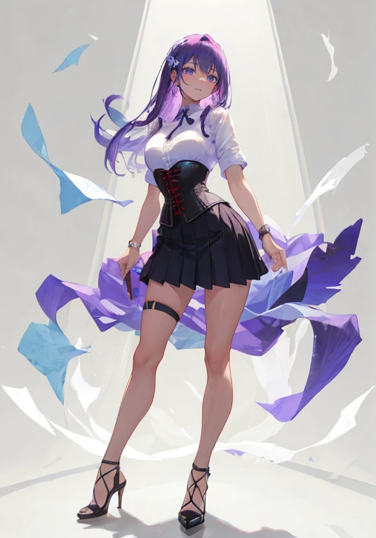 Purple Hair,long hair,Adult female,((Roll up your sleeves)),(corset),(Tight Skirt),(High heels),Heels are visible,((Simple White Background)),smile,((whole body)),((Full body)),