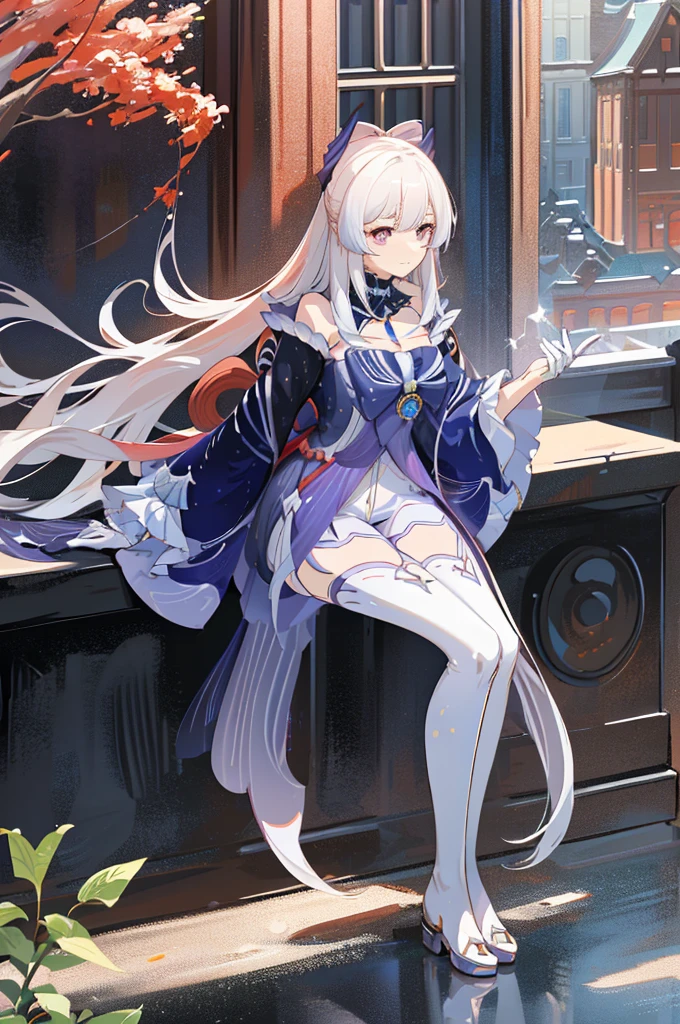 long white hair, red pupils, White strappy over-the-knee boots, White long gloves, White elbow length gloves, White high heel over the knee boots, White over-the-knee boots, belt, leg rings, (), , white dress, Anime characters standing in front of the window，long white hair and white wings, White-haired God, Trends in ArtStation Pixiv , Highly detailed official artwork, Starting from the night of the ark, Kusart Krenz Women in Critical Art, Detailed key animation art, Digital art on pixiv, 《Genshin Impact》Keqing in, Azure Lane Style, from《Azure Lane》Electronic games