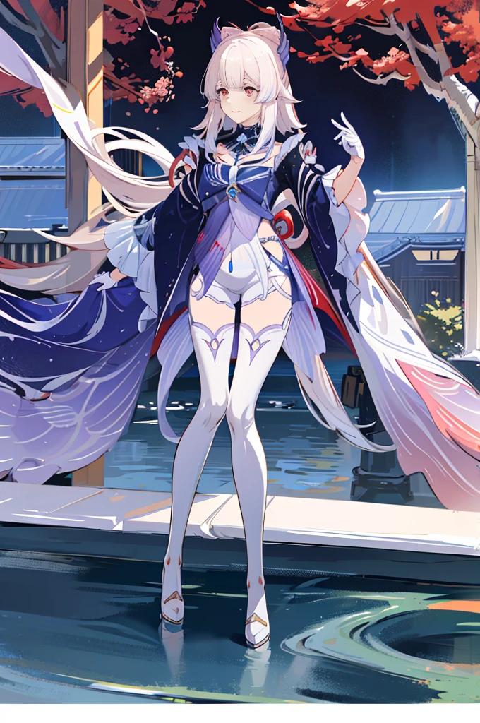 long white hair, red pupils, White strappy over-the-knee boots, White long gloves, White elbow length gloves, White high heel over the knee boots, White over-the-knee boots, belt, leg rings, (), , white dress, Anime characters standing in front of the window,long white hair and white wings, White-haired God, Trends in ArtStation Pixiv , Highly detailed official artwork, Starting from the night of the ark, Kusart Krenz Women in Critical Art, Detailed key animation art, Digital art on pixiv, 《Genshin Impact》Keqing in, Azure Lane Style, from《Azure Lane》Electronic games