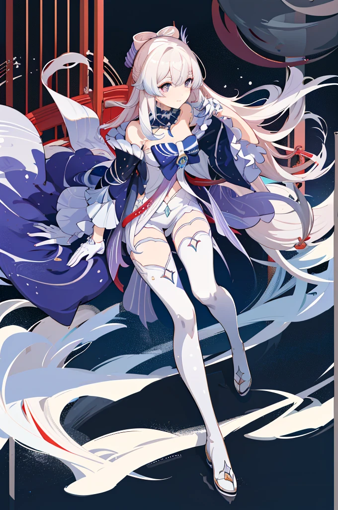 long white hair, red pupils, White strappy over-the-knee boots, White long gloves, White elbow length gloves, White high heel over the knee boots, White over-the-knee boots, belt, leg rings, (), , white dress, Anime characters standing in front of the window，long white hair and white wings, White-haired God, Trends in ArtStation Pixiv , Highly detailed official artwork, Starting from the night of the ark, Kusart Krenz Women in Critical Art, Detailed key animation art, Digital art on pixiv, 《Genshin Impact》Keqing in, Azure Lane Style, from《Azure Lane》Electronic games