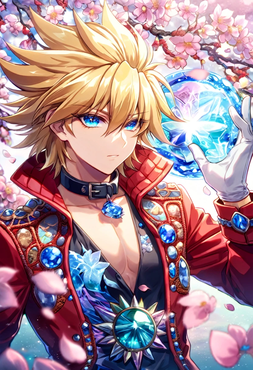 Ultra detailed, highres, absurdres, HDR, master piece, Spectra Phantom, blond spiked hair, middle hair, expressive blue eyes, Bakugan New Vestroia, red jacket with a collar fur, white gloves, black shirt with patterns, fantasy, petals, blossoms, pink flowers, water, sexy man, handsome, magic, best quality, extremely detailed face and eyes, solo