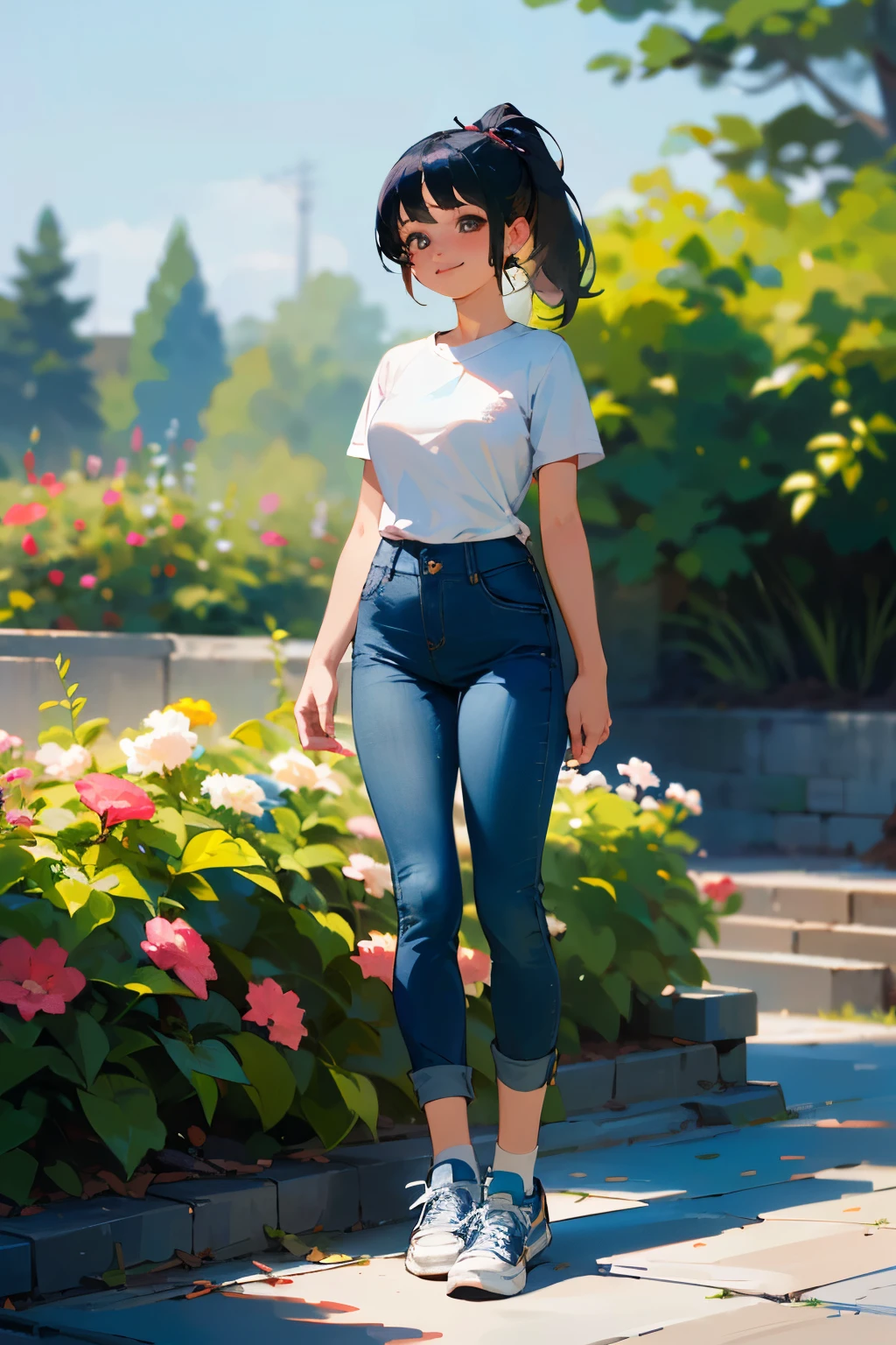 (high quality, High resolution, Very detailed, reality:1.37), Peaceful atmosphere, (Outdoor, garden),  girl standing alone, (my breasts are big.), Beautiful details, Cute Smile, (Black hair ponytail), Short sleeve shirt, Denim pants, Blue socks, sneakers.