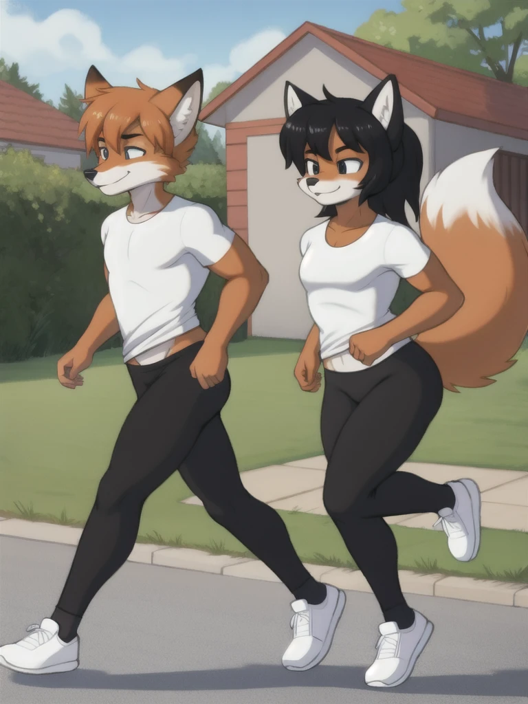 Furry, fox, male, twins, black leggings, white shirt, jogging outside the house, teen