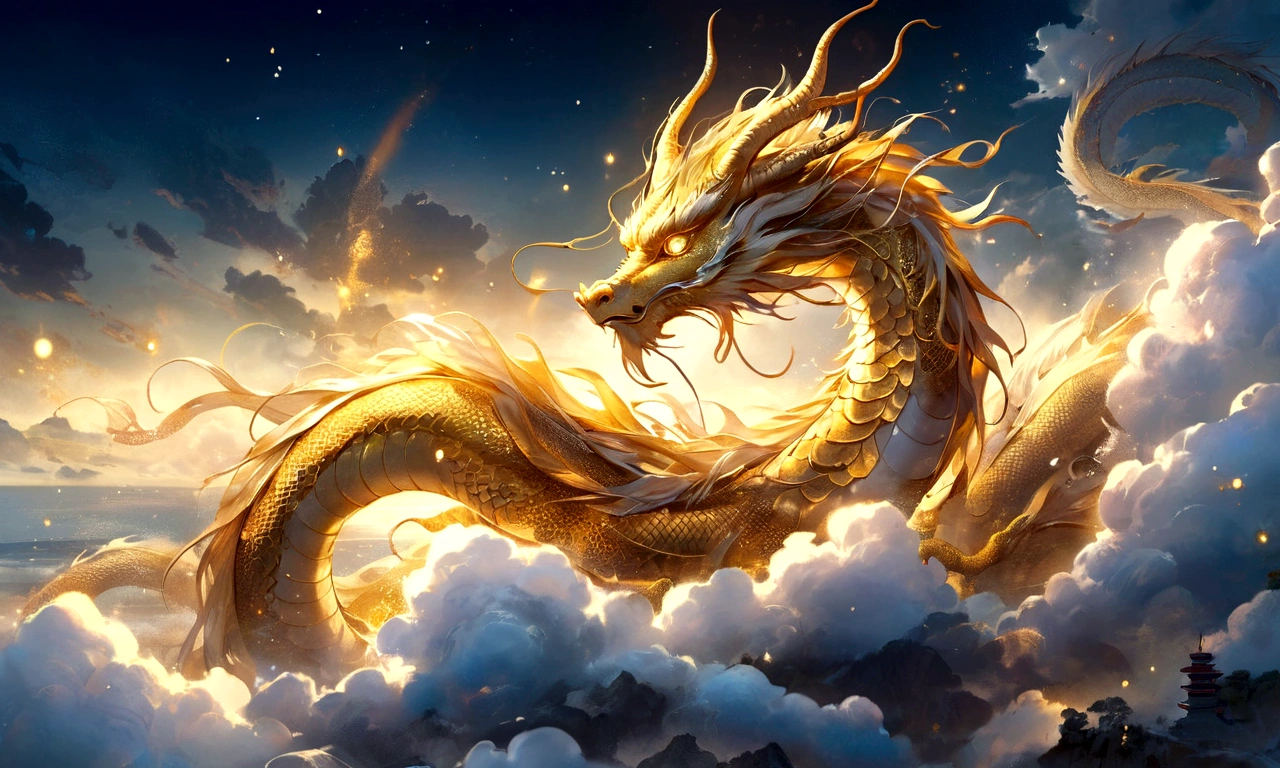 A golden dragon god, gentle gaze, fantastic background, moonlight background, sea of ​​clouds background, golden splashes, mysterious, divine light, mythical creature, traditional Chinese dragon, myth, speckled light, hazy haze, mysterious aura, masterpiece, fantastic, elegant dragon, good fortune, fantasy art