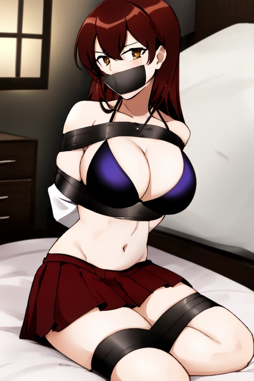 anime moe artstyle, seductive anime girl, badass anime 8 k, from girls frontline, a hyperrealistic , (absurdres, 8k, 4k, masterpiece, hyper extreme detailed:1.2), solo, 1girl, front view, perfect face, 1girl, portrait, expressive eyes, looking at viewer, solo, sitting, Female, toned body, mature female 1girl, genie, zodiac, shirt over 1 shoulder, Brown bikini, long sleeves, long Brown Hair, city background, Brown eyes, Red skirt, Large bust, Large Breasts, charismatic, crazy face, crazy eyes, crazy smile, perfect anatomy, half body, 1girl, solo, White shirt, gold letters, Seductive, arm sleeves, manipulative, gaslighting, friendly, bound, bondage, (arms behind back:1.4), bdsm, tape gag, tape bondage, bondage, taped wrists, taped breasts, taped mouth, Laying down, bed, flat bed, bed posts, mattress, Kantai collection style,