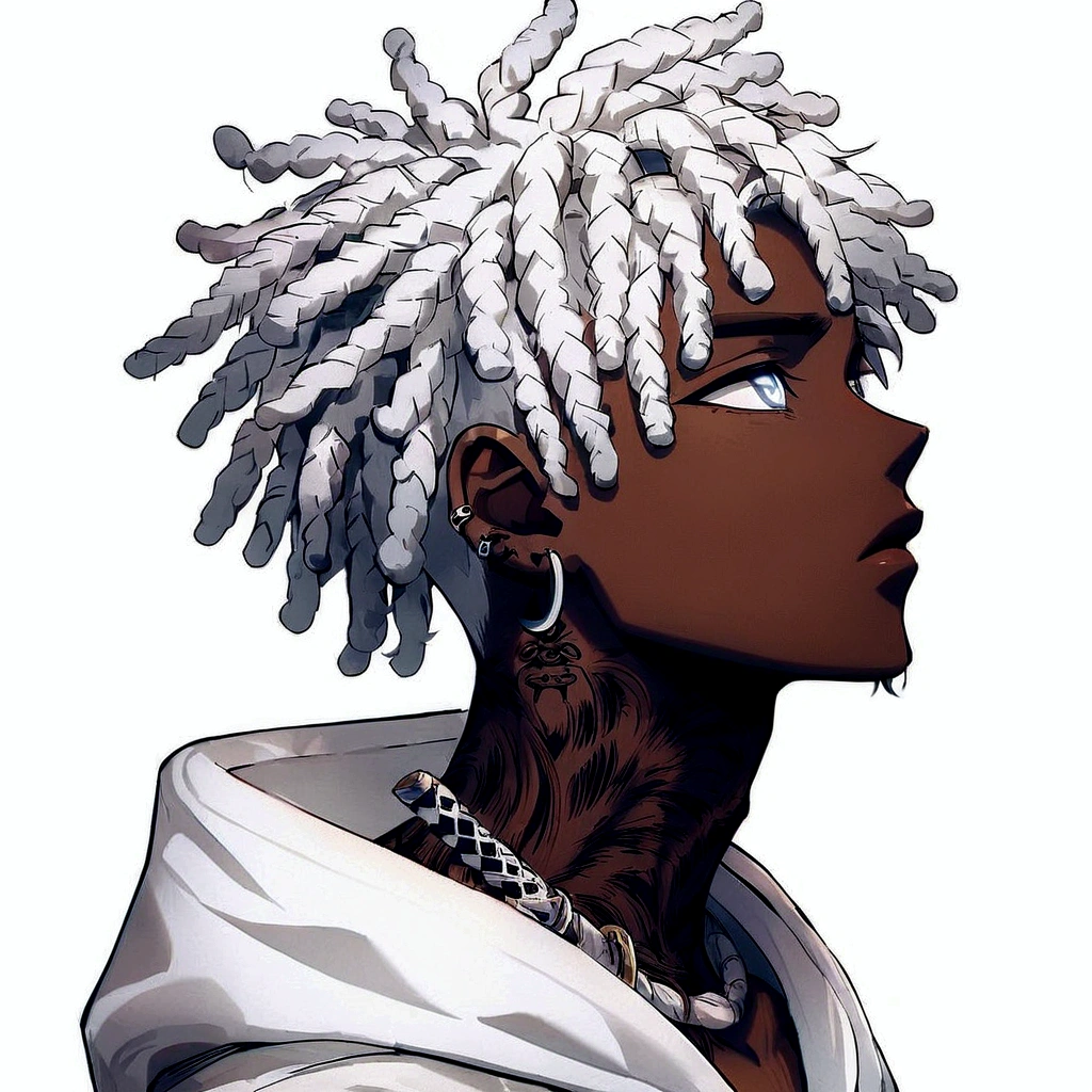 Anime style, A man with white dreadlocks, dark-skinned with white eyes and white pupils, xxtentacion, tattoo on his neck, with a white katana with yellow details, sitting on a roof watching the Sunset.