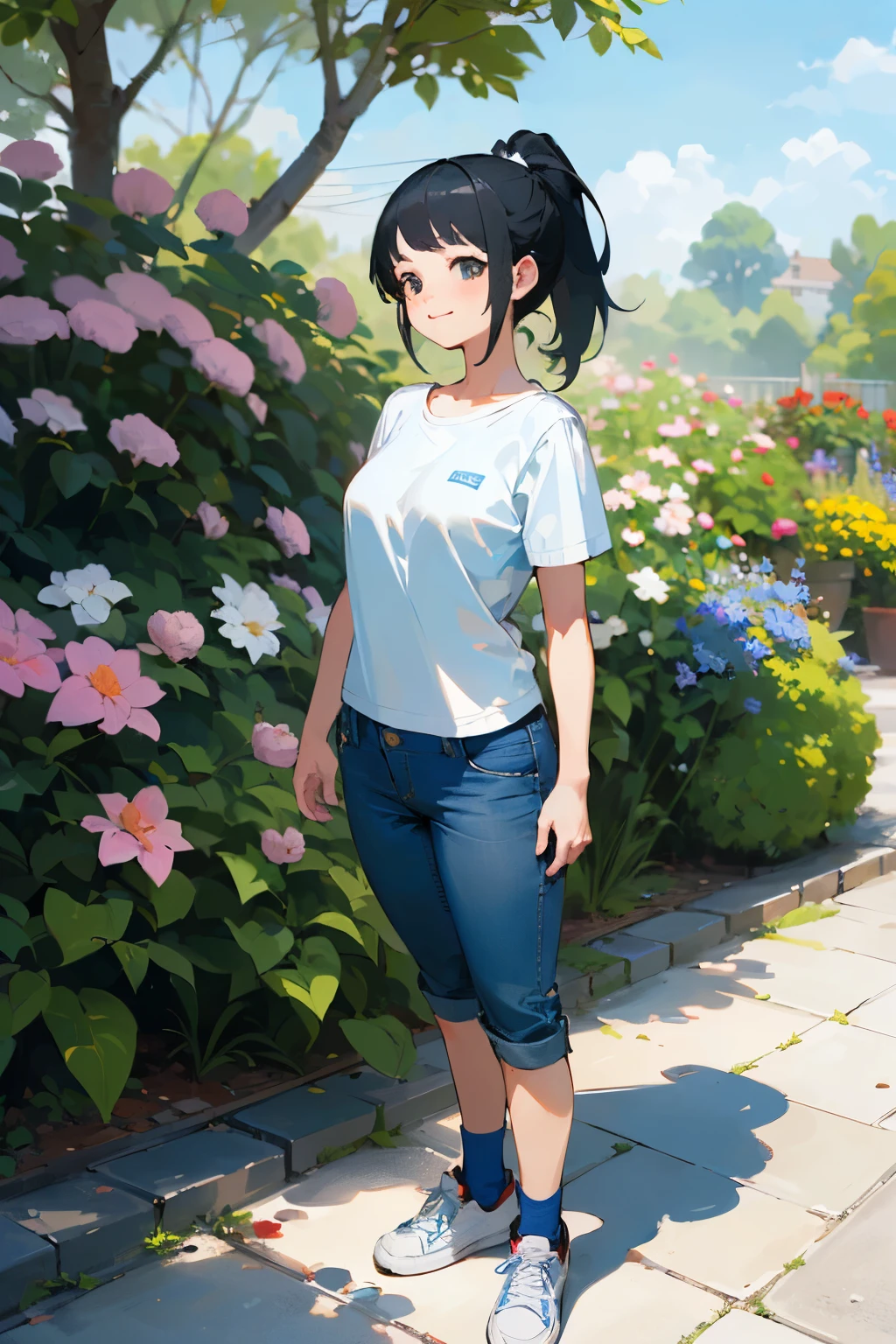 (high quality, High resolution, Very detailed, reality:1.37), Peaceful atmosphere, (Outdoor, garden), Teenage girl standing alone, (my breasts are big.), Beautiful details, Cute Smile, (Black hair ponytail), Short sleeve shirt, Denim pants, Blue socks, sneakers.