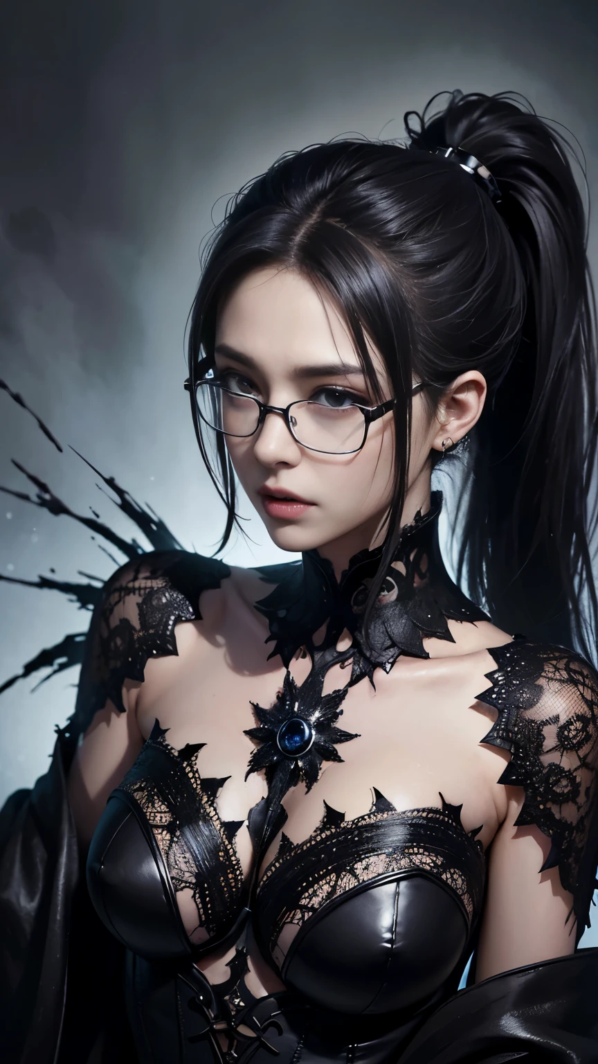 (highest quality,4K,8k,High resolution,masterpiece:1.2),Very detailed,(Realistic,photoRealistic,photo-Realistic:1.37), Close-up of a woman with dark hair and wearing a black dress, 20-year-old woman、(ponytail:1.3)、((((Glasses))))、Dark Theme、Calm colors調、Calm colors、High Contrast、(Natural skin texture、Hyperrealism、Soft Light、sharp)、(Masseter region:1.3)、Beautiful expression、(A vivid face)、Beautiful Hairstyles、Realistic eyes、Beautiful details、(Realistic Skin)、Beautiful skins、(black lace bodysuit)、Absurd、Golden Ratio、Center of chest、Supermodel、Dark Eyes,an ominous笑顔,Evil Aura,Burning Flames,Soul Corruption,Dark Shadows,an ominous雰囲気,Strange symbols,Cursed Land,Eternal Darkness,An unforgettable presence,Grotesque features,Horror Scene,nightmare to be born kimono,twisted reality,Scary atmosphere,A wonderful work of art,Evil Unleashed,Supernatural horror,Spooky art,nightmare fuel,Terrifyingly clear,Abstract fear,Terrifyingly beautiful,A devilish masterpiece,Fear incarnate,Shadow Chaos,A devilish existence,to be born々Shii Darkness,in style of Dark Fantasy Art, Dark Fantasy Art, 美しく優雅なdevilの女王, Dark Fantasy Art, fantasy dark art, Dark fantasy digital art, Gothic fantasy art, Gothic Dark Maiden, Detailed Texture,Spooky creatures,an ominous雰囲気,Mythical,Space horror,darkness,Mysterious,Dark aesthetic,Fog Background,Eyes of another world,Ancient Gods々, Powerful wizard, Mysterious森の中に立つ. Flowing robes decorated with symbols, Arms stretched out, Powerful,Tentacles,Pitch black blackness,Majestic,Unfathomable depth,nightmare,The existence of the universe,an ominous存在,seeping darknesss,Secrets of the Universe,that'terrible,that (Spooky atmosphere), (Cartoon-like atmosphere),(granular), (Dramatic Shadows), (Dynamic pose), ((Artistically expressed)), ((attractive), (Gothic), (Mysterious Setting), (Moody color palette), (Skillfully drawn), (sense of unease), (Intricate details), (an ominous smile), (an ominous), (attractive eyes), (Horror elements), (attractive composition), (Impressive anatomy),(Striking contrast)), (Exquisite craftsmanship), (Interesting character designs)、Dark Fantasy Portrait, Portrait of the Dark Goddess, Satan Girl,devil,
