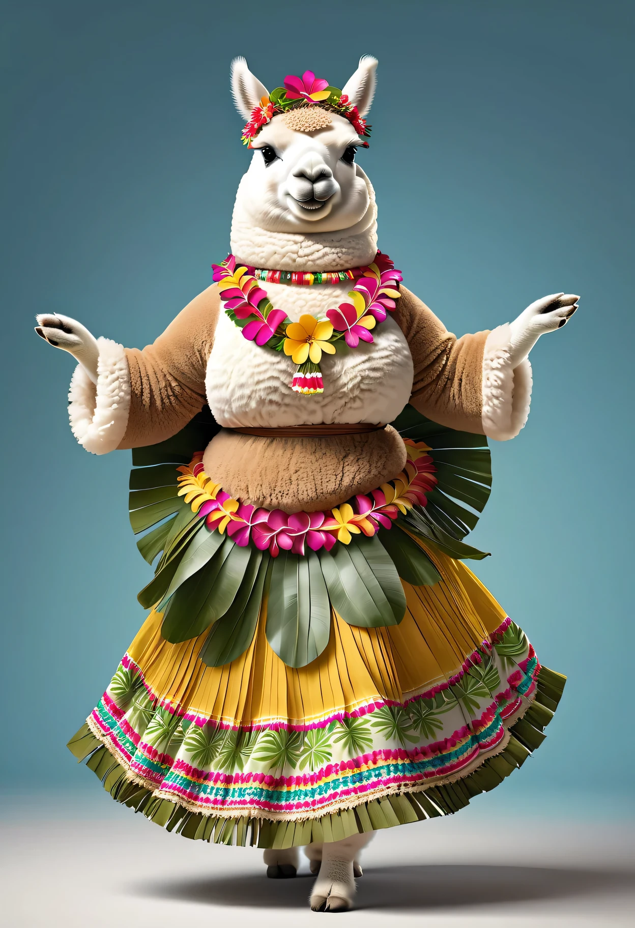 photorealistic portrait of Dressed animals - a ((fat)) alpaca hula dancer,(hula dancing:2.0), (swinging arms :2.0),(happy smile:1.2),high quality,(happy),(lovely) ,intricate details, (furry), highly detailed ((female hula dance costume)) ,highly detailed decorations, wearing (bikini) and flower lei , (happy), studio lighting,(full body image:1.5),simple background,(viewed from side:2.0),(perfect hands)