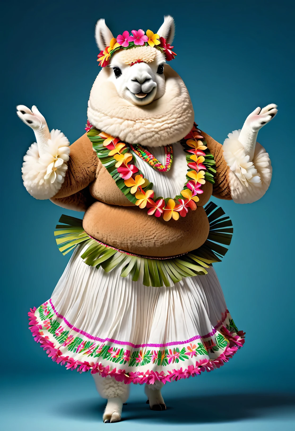 photorealistic portrait of Dressed animals - a ((fat)) alpaca hula dancer,(hula dancing:2.0), (swinging arms :2.0),(happy smile:1.2),high quality,(happy),(lovely) ,intricate details, (furry), highly detailed ((female hula dance costume)) ,highly detailed decorations, wearing (bikini) and flower lei , (happy), studio lighting,(full body image:1.5),simple background,(viewed from side:2.0),(perfect hands)