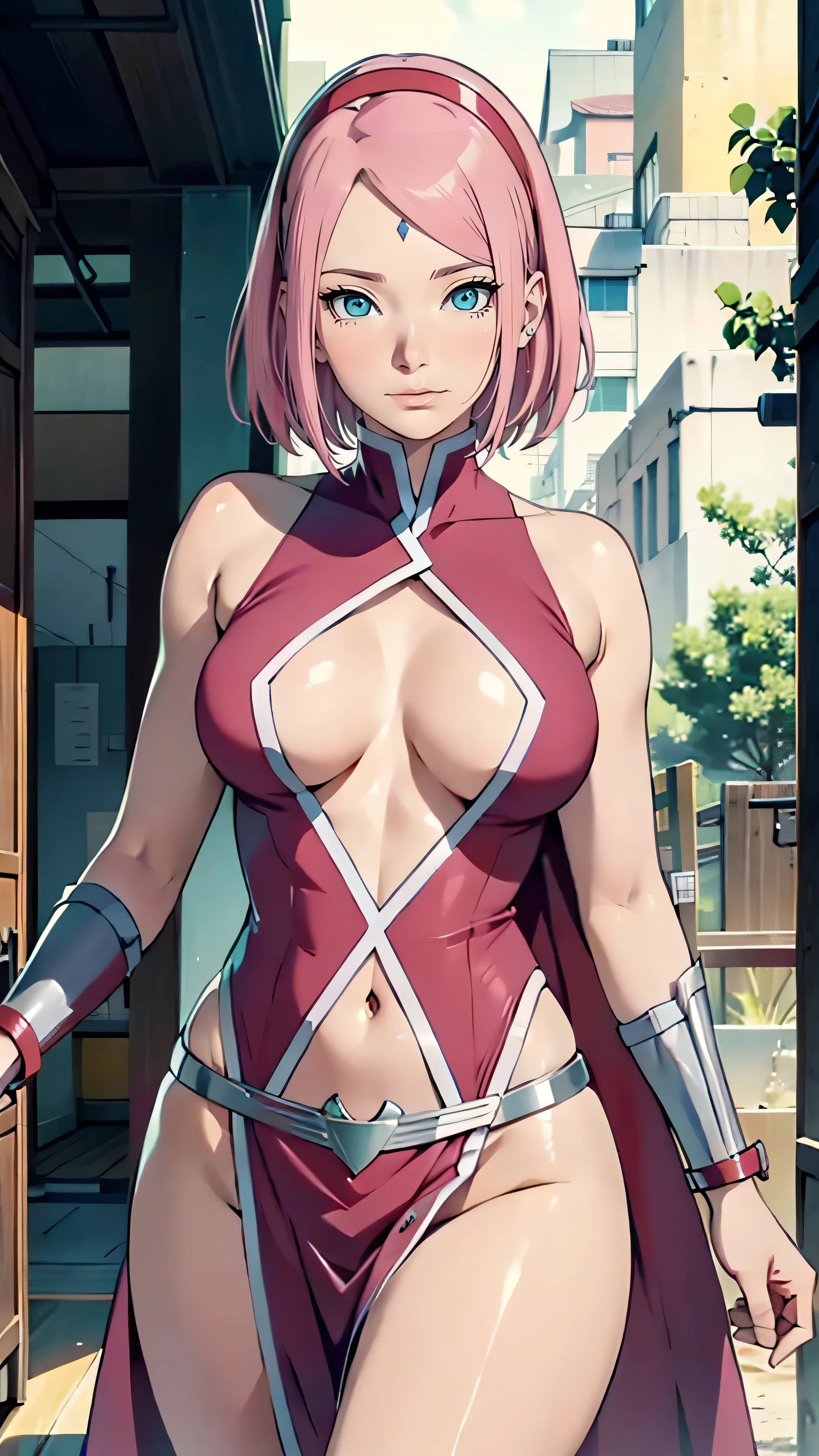 Sakura Haruno,1 rapariga, medium breast,Perfect body,a wide waist,Sexy body,light pink colored hair,Green eyes,symetrical face,Sharpness,sharp focus, detailed outfits,Cute smile,looking at viewer,pause, blushing,shy face,leaning towards viewer, detailed face,Deep blue diamond on forehead,wearing wonder woman costume, big thighs, muscular body, navel, groin,full-body