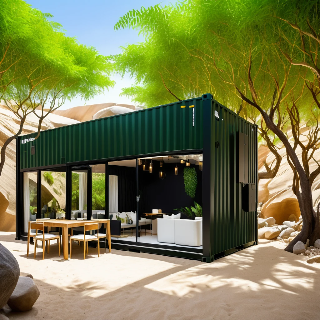 beautiful photograph like you are stay inside indoor mesmerizing a cargo container flat Suspensionally extended projected and looking to outside green rocky cave in Amazon indoor straight camera zoom-in view elegant dining restaurant with people modern twist luxurious container shape with huge windows sides inspiration from one floating cube shaped interior spatial geometric look and feel with minimalistic black & white atmosphere modern twist geometric architecture indoor huge green cave flat container conected with sidewalks and sand dune with elegant classy cargo furniture style with rectangular view front camera close-up on tall huge container and accessories in bespoke with modern twist architecture style & rectangular structure made of natural black & white huge glass unique with modern chandeliers and steel walls open to indoor dining area with with people ethereal with modern twist modern landscape structure & style like a grand amazon jungle green cave canyon and hundreds of Amazon trees in multi-layered open off-white with metalic decorative luxurious light and dramatic shadows in the front open huge opening to the desert with many huge trees, vibrent with modern twist architecture, environmental, Photographic style capture the essence of this extraordinary space and watch as it becomes a trendsetter on the international showcase, captivating the imagination of global audiences, it gives you feeling of hyper and luxury, hyper realistic, ultra-detailed, 8k, ultra-high resolution image, professional photography lighting and camera setting, ultra-clear ray tracing, ultra-clear image, ultra-clear functional rich materials finishes, ultra-modern structure furniture, fancy and rich look & feel, modern glowing lighting fixtures, no figures, multi-layered